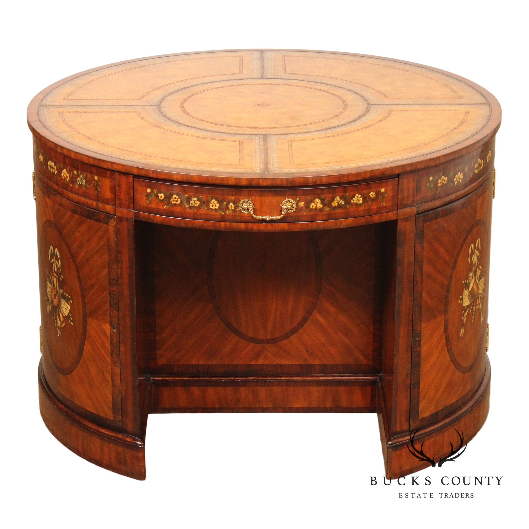 Maitland Smith Round Leather Top Inlaid Mahogany Round Knee Hole Desk
