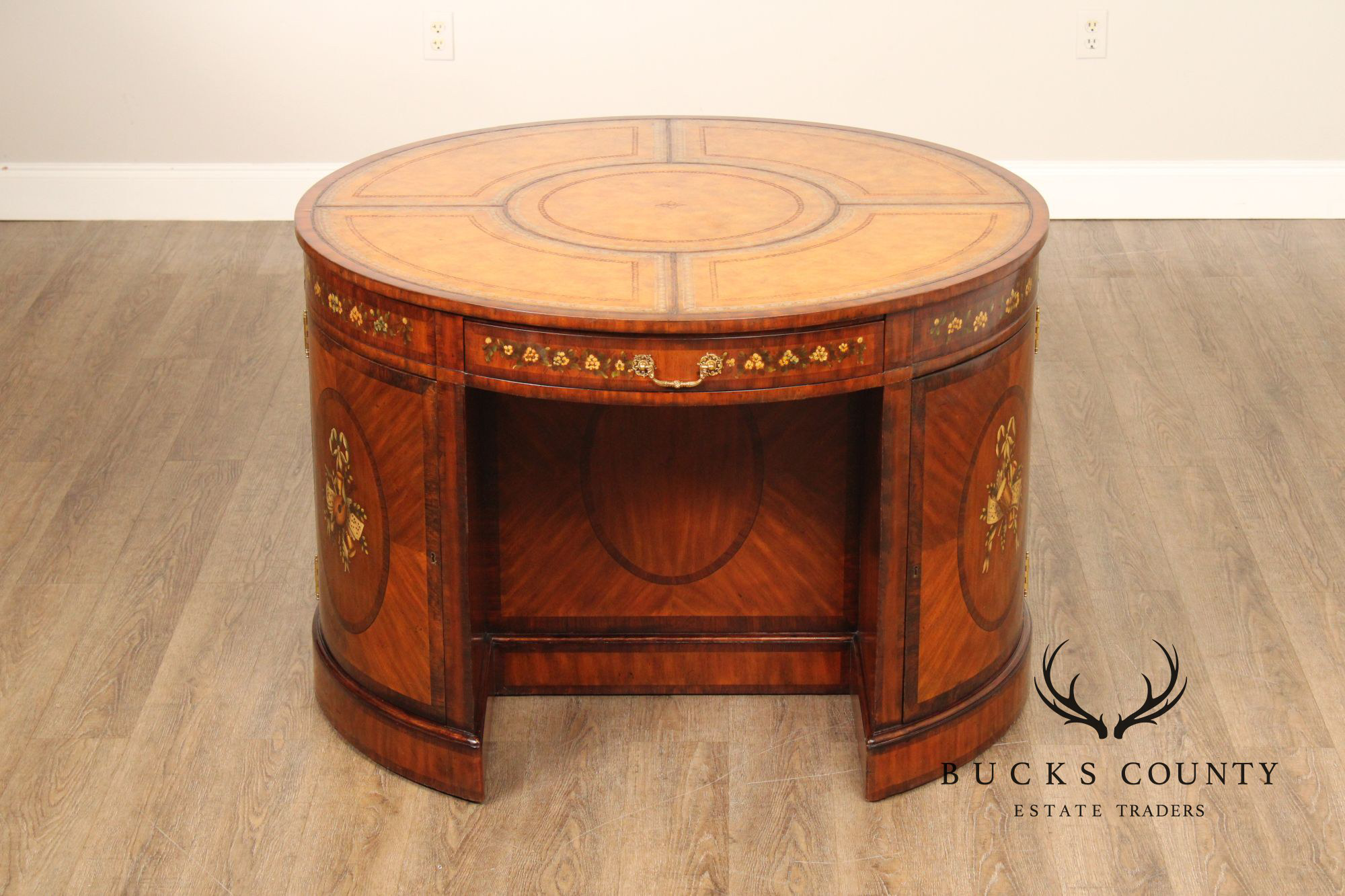 Maitland Smith Round Leather Top Inlaid Mahogany Round Knee Hole Desk