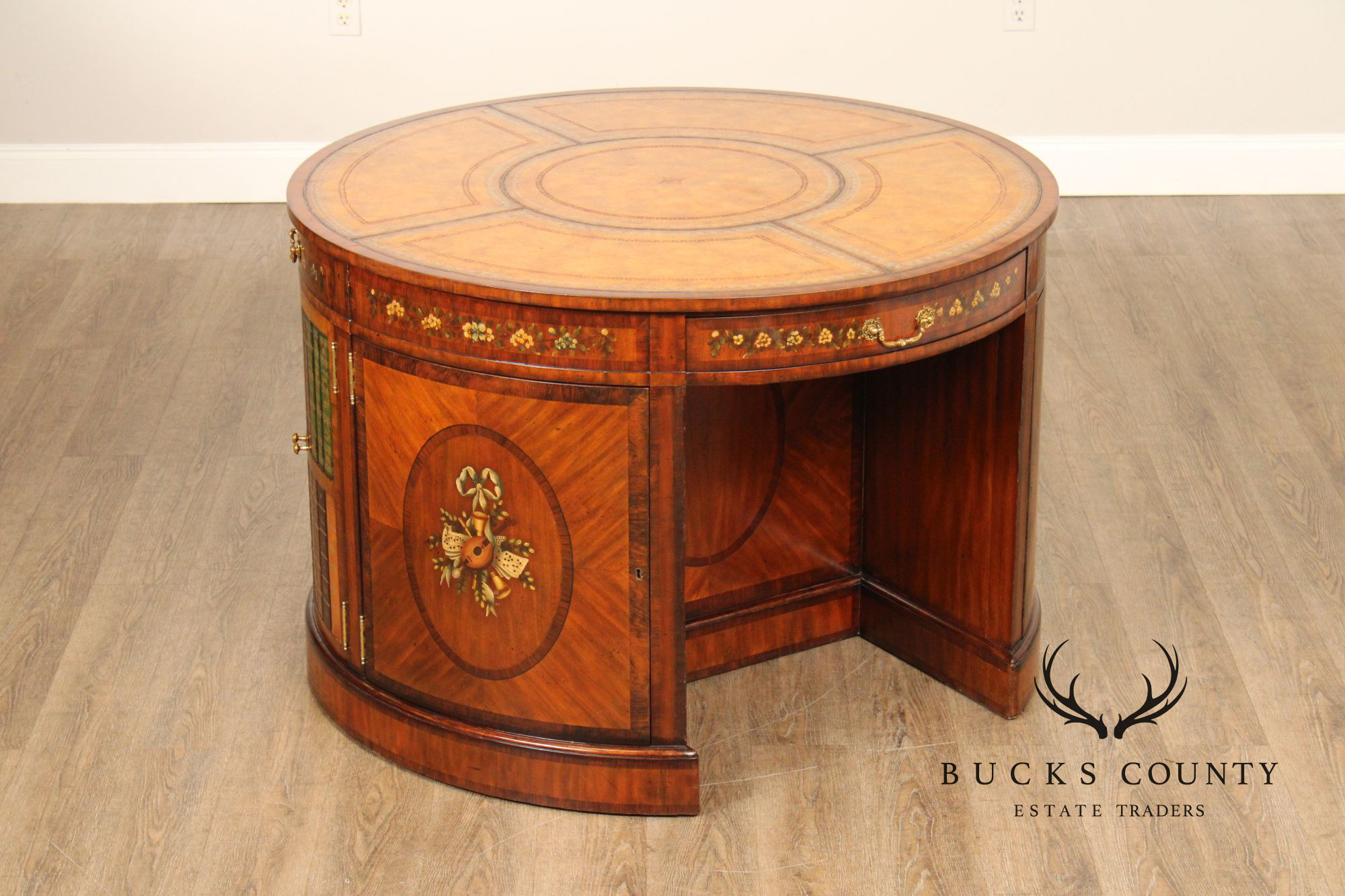 Maitland Smith Round Leather Top Inlaid Mahogany Round Knee Hole Desk