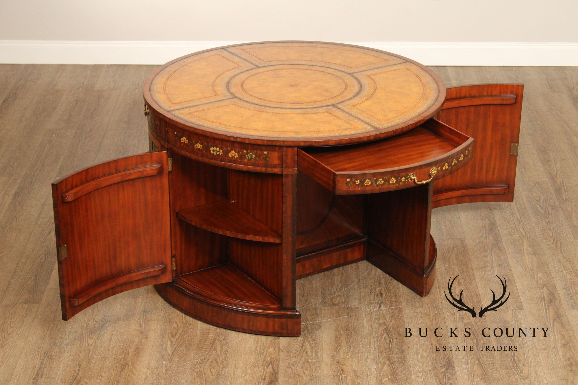 Maitland Smith Round Leather Top Inlaid Mahogany Round Knee Hole Desk
