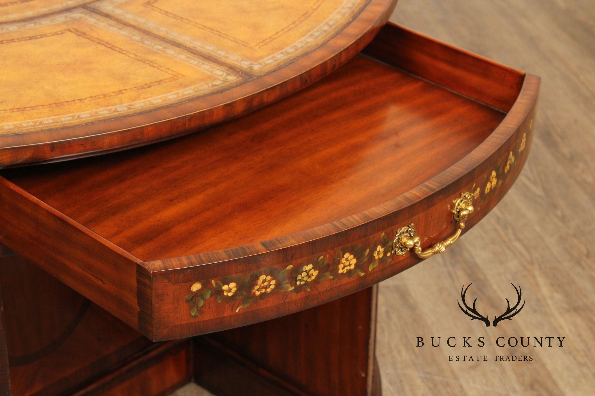 Maitland Smith Round Leather Top Inlaid Mahogany Round Knee Hole Desk