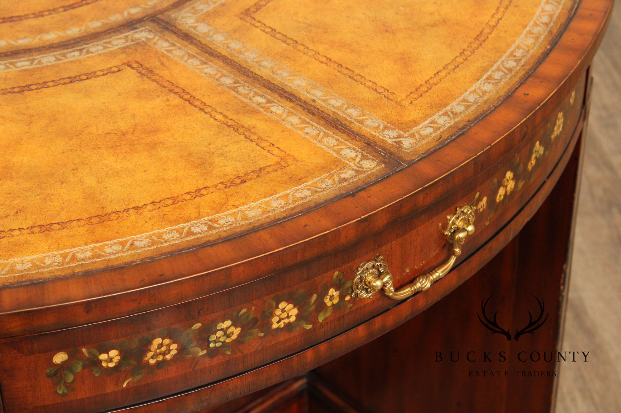 Maitland Smith Round Leather Top Inlaid Mahogany Round Knee Hole Desk