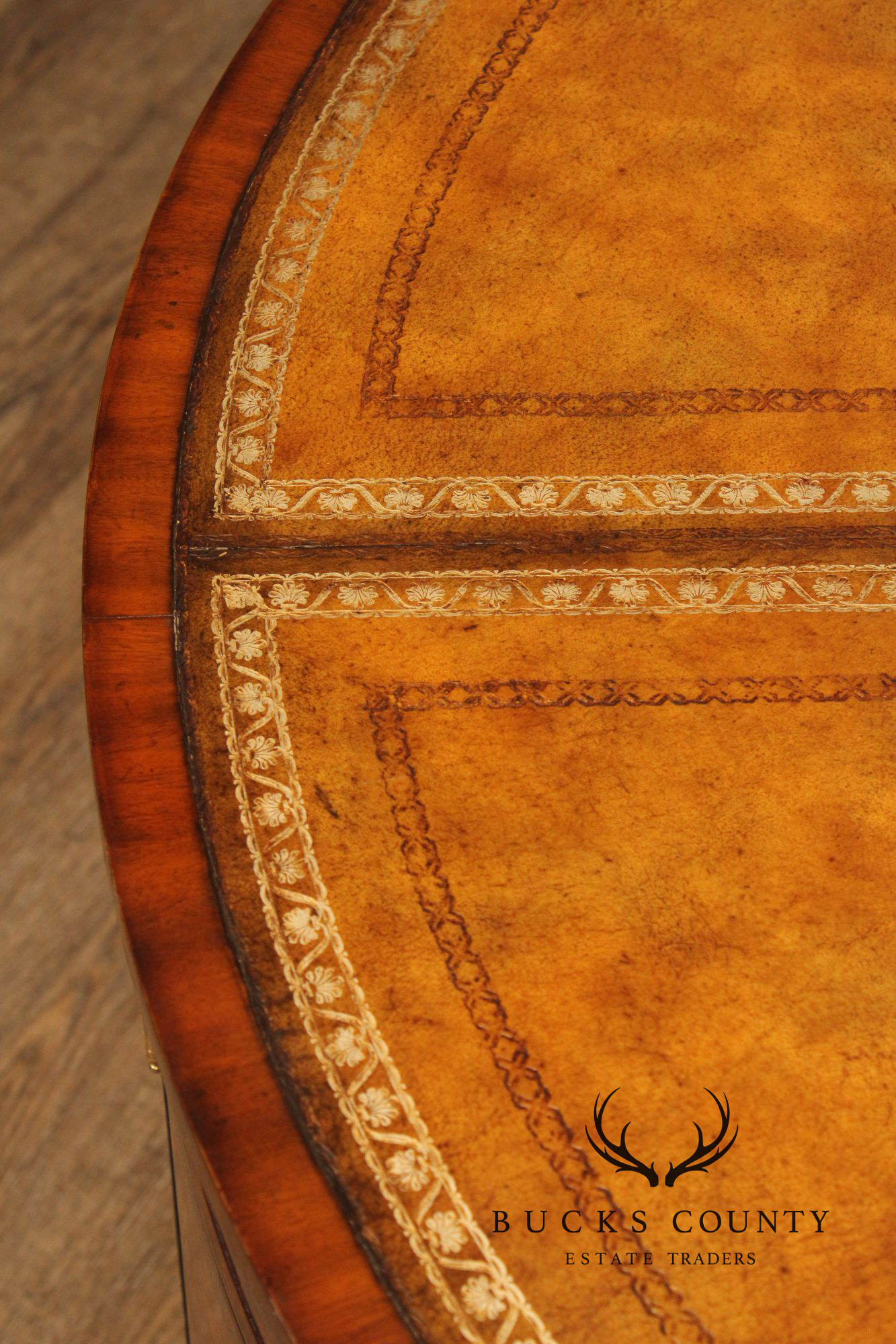 Maitland Smith Round Leather Top Inlaid Mahogany Round Knee Hole Desk