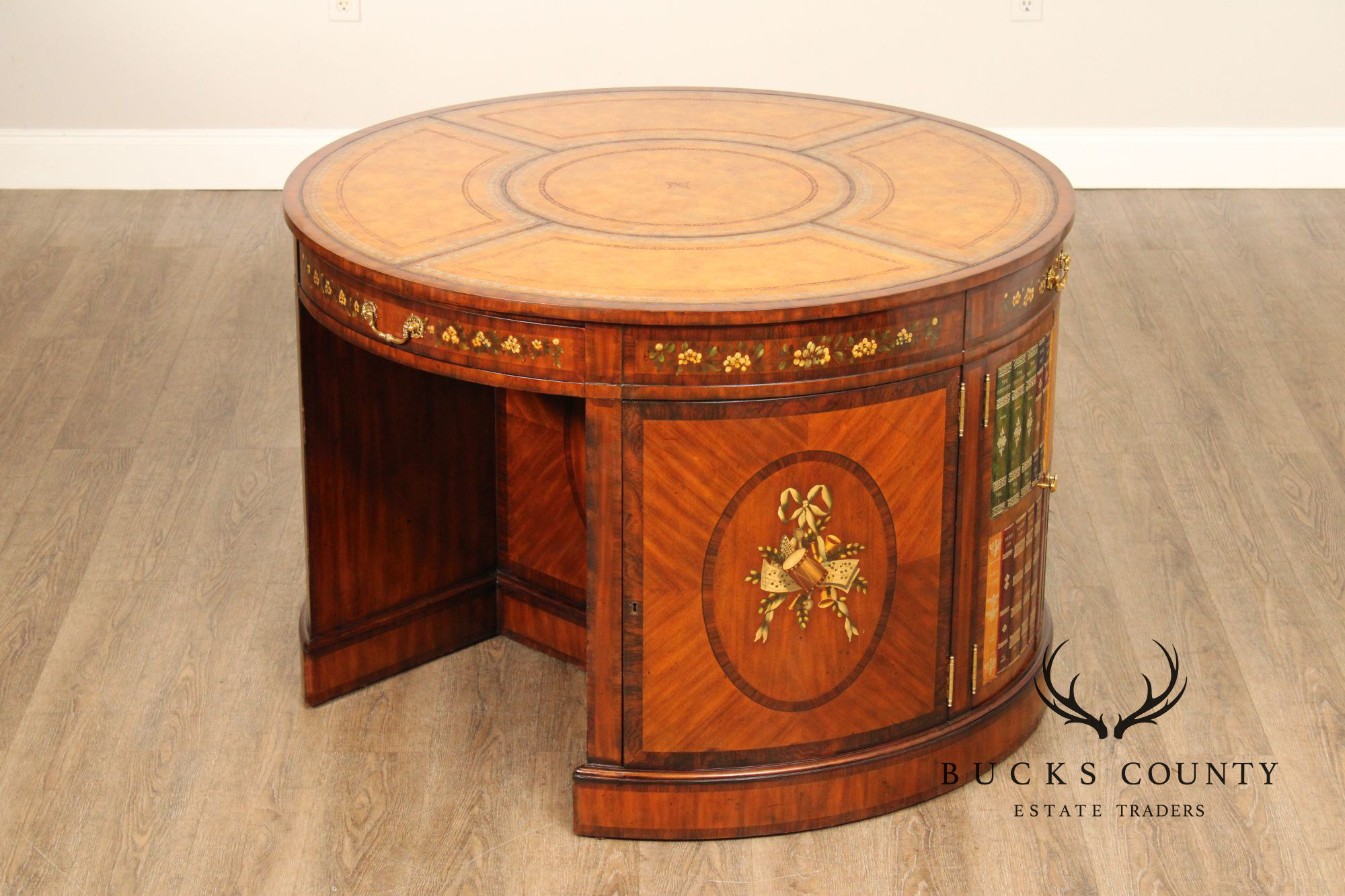 Maitland Smith Round Leather Top Inlaid Mahogany Round Knee Hole Desk