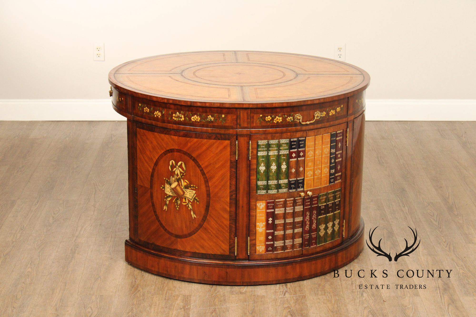 Maitland Smith Round Leather Top Inlaid Mahogany Round Knee Hole Desk