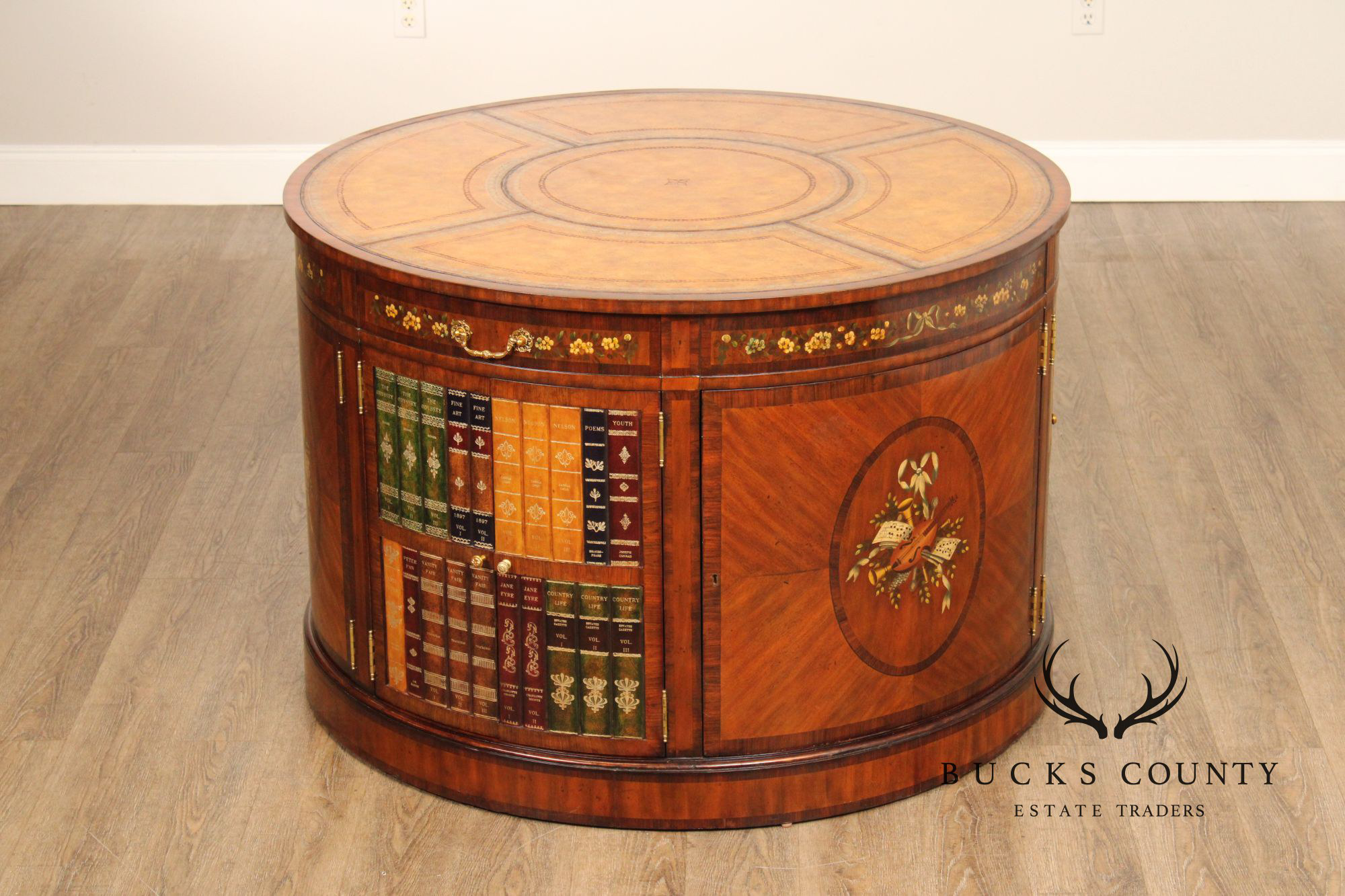 Maitland Smith Round Leather Top Inlaid Mahogany Round Knee Hole Desk