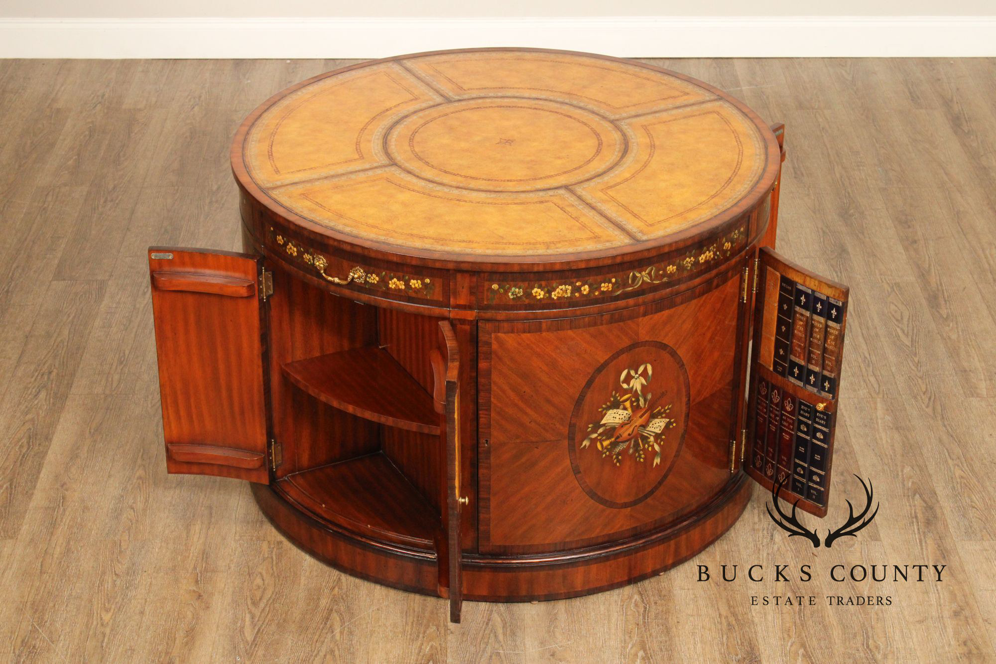 Maitland Smith Round Leather Top Inlaid Mahogany Round Knee Hole Desk