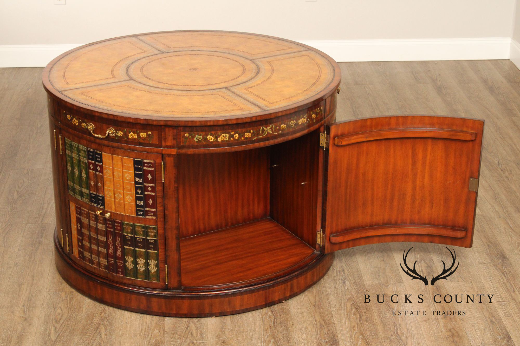 Maitland Smith Round Leather Top Inlaid Mahogany Round Knee Hole Desk