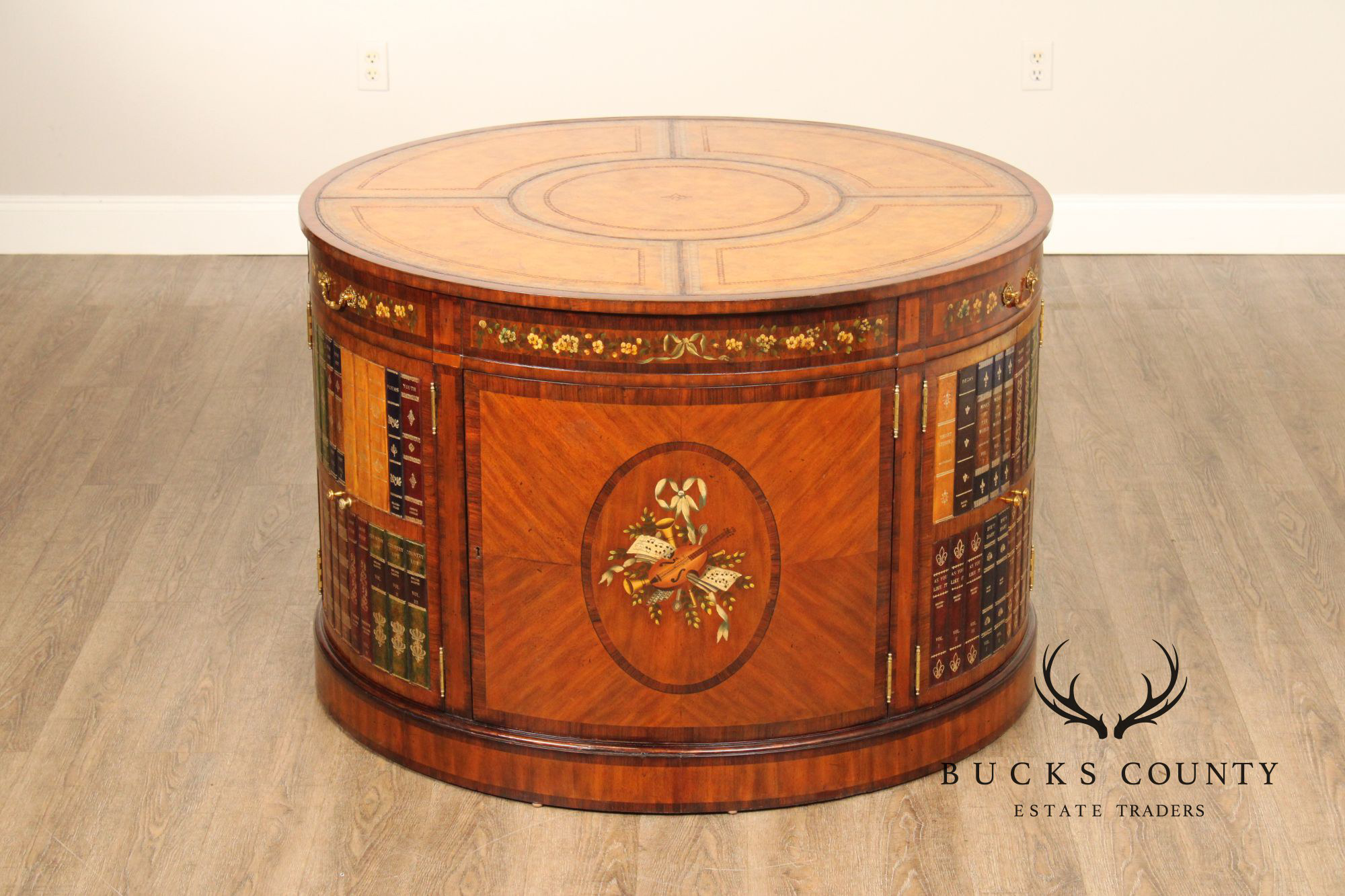 Maitland Smith Round Leather Top Inlaid Mahogany Round Knee Hole Desk