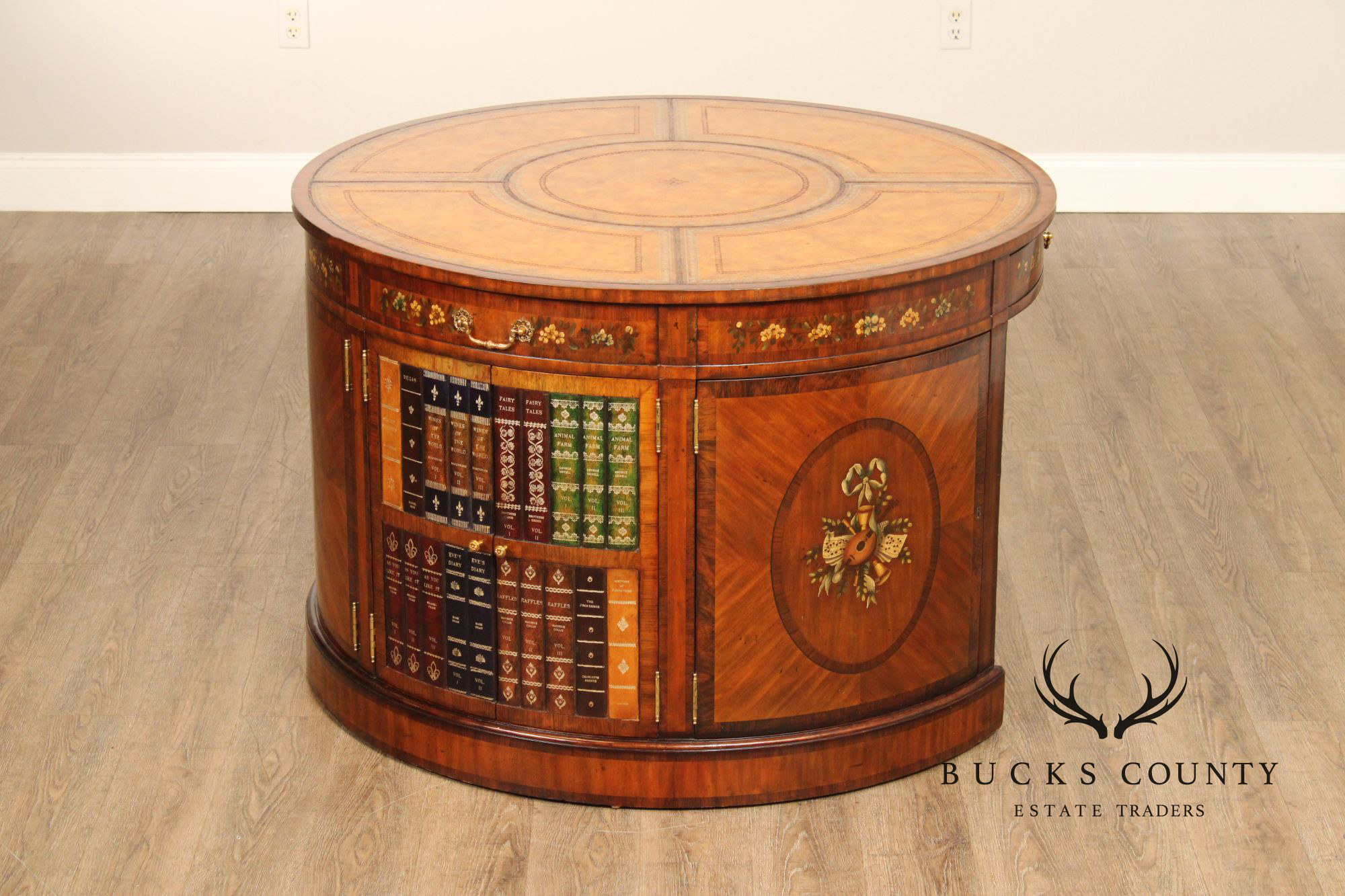 Maitland Smith Round Leather Top Inlaid Mahogany Round Knee Hole Desk