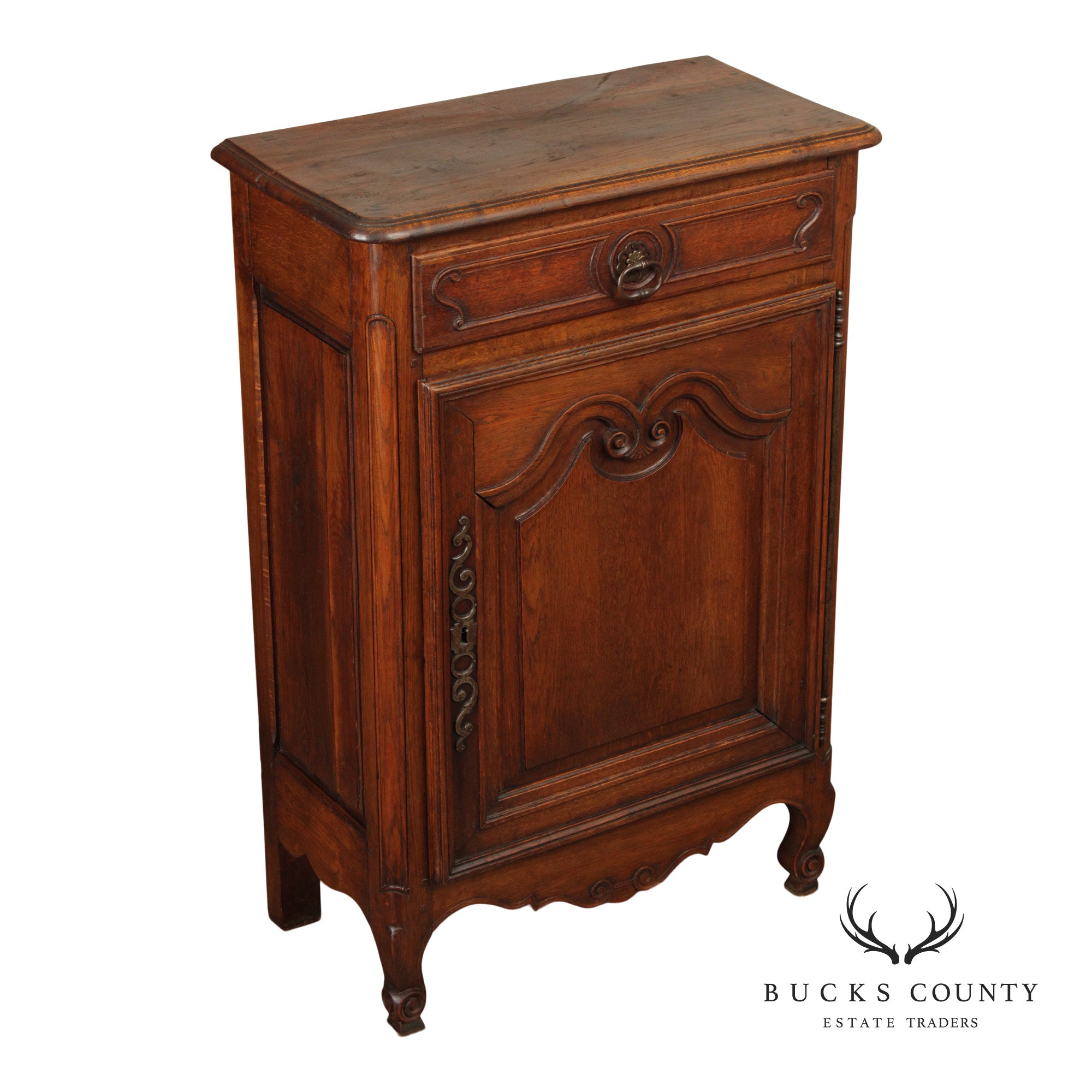 Antique 19th Century French Louis XV Style Solid Oak Petite Cabinet With Drawer And Scalloped Apron