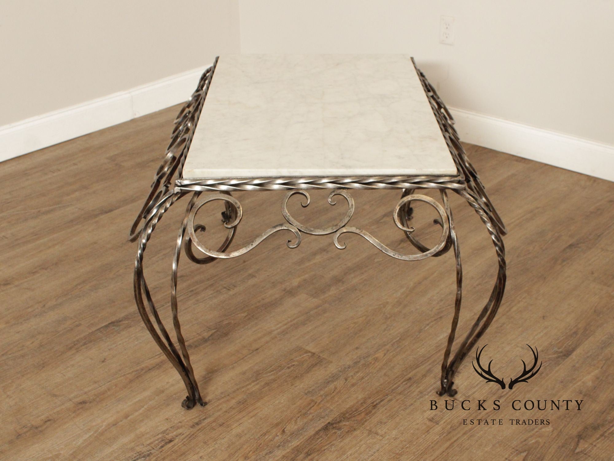 Vintage French Marble Top Wrought Iron Coffee Table