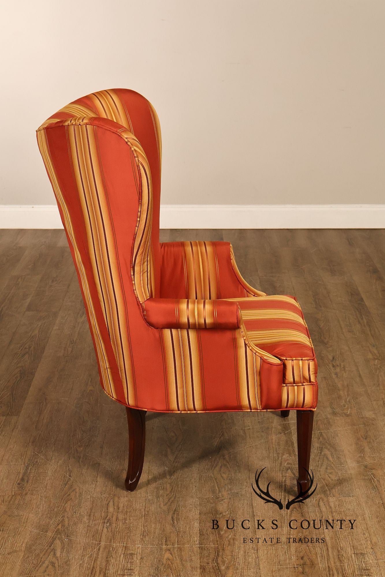 Custom Quality Pair Of Mahogany Fanback Wing Chairs