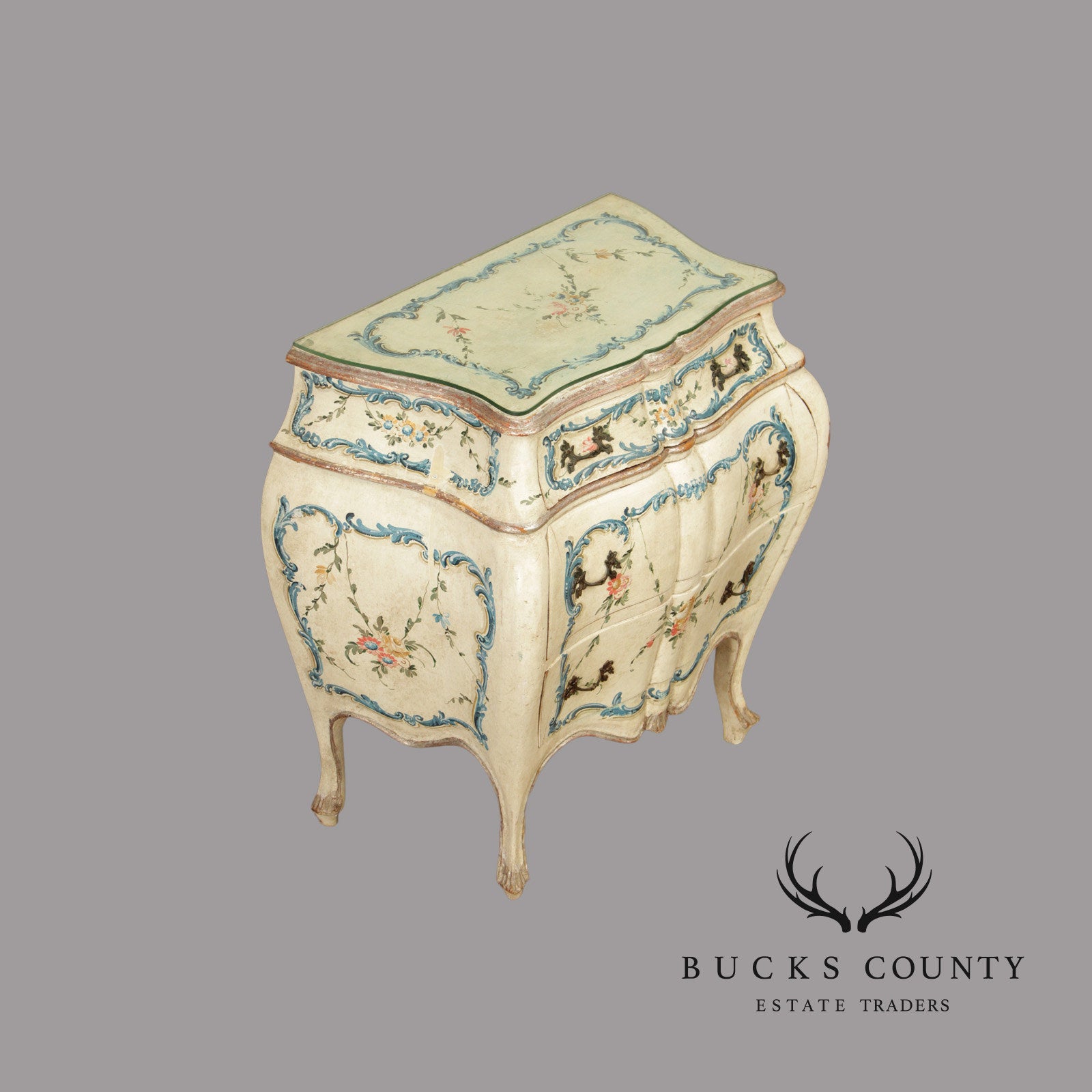 Italian Provincial Style Vintage Hand Painted Bombe Nightstand Chest
