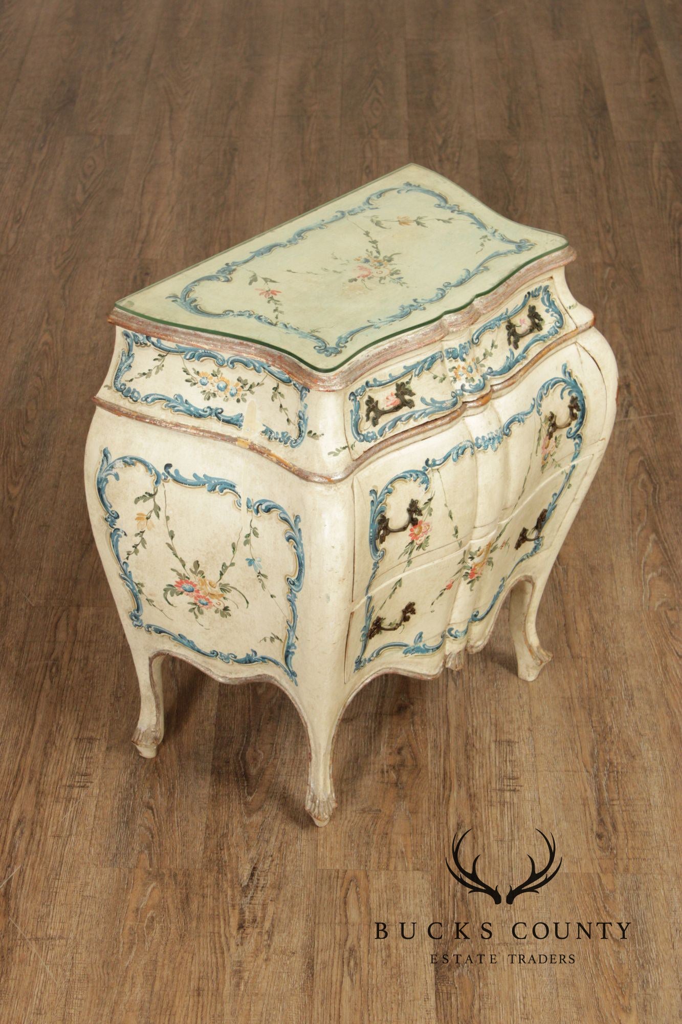 Italian Provincial Style Vintage Hand Painted Bombe Nightstand Chest