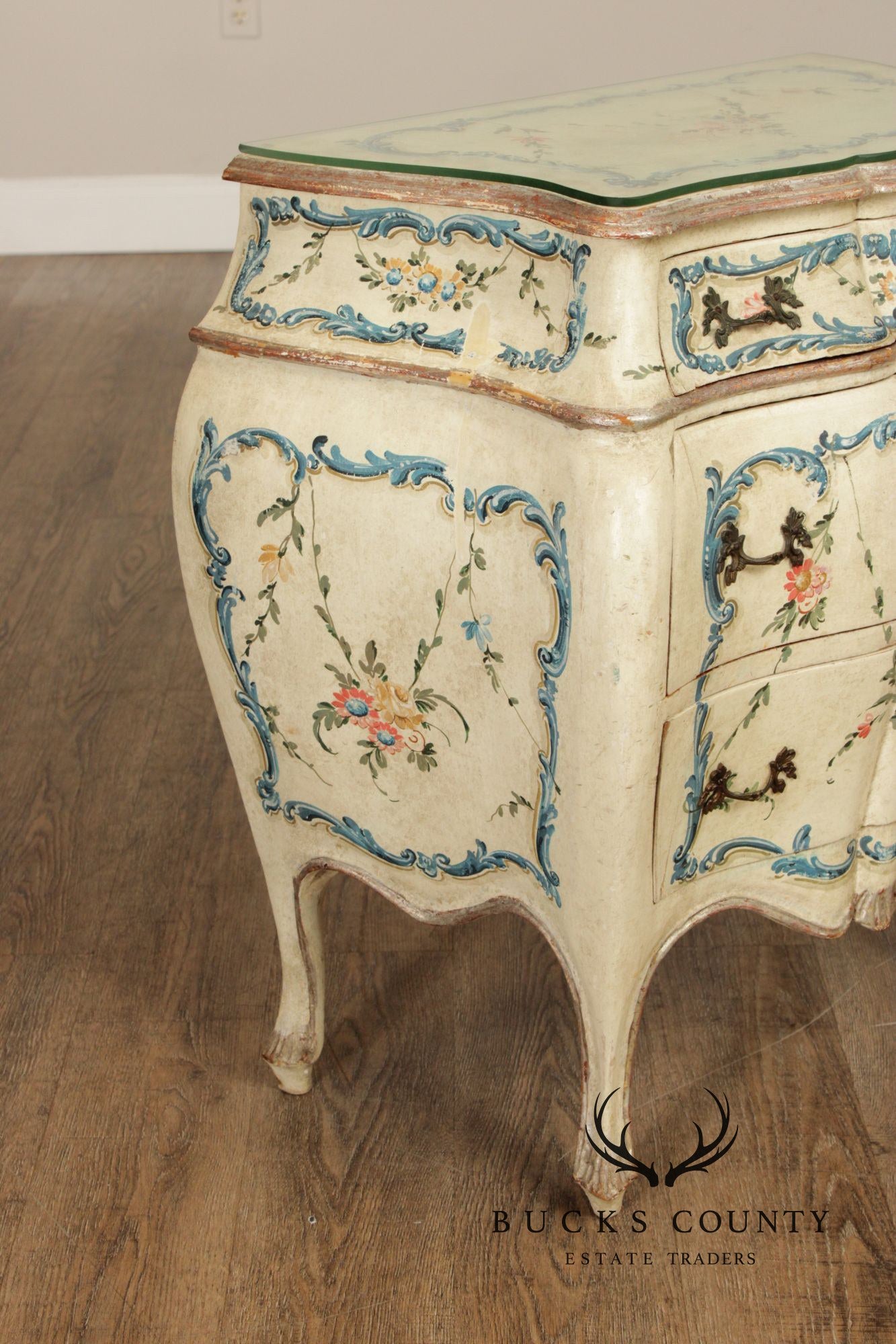 Italian Provincial Style Vintage Hand Painted Bombe Nightstand Chest