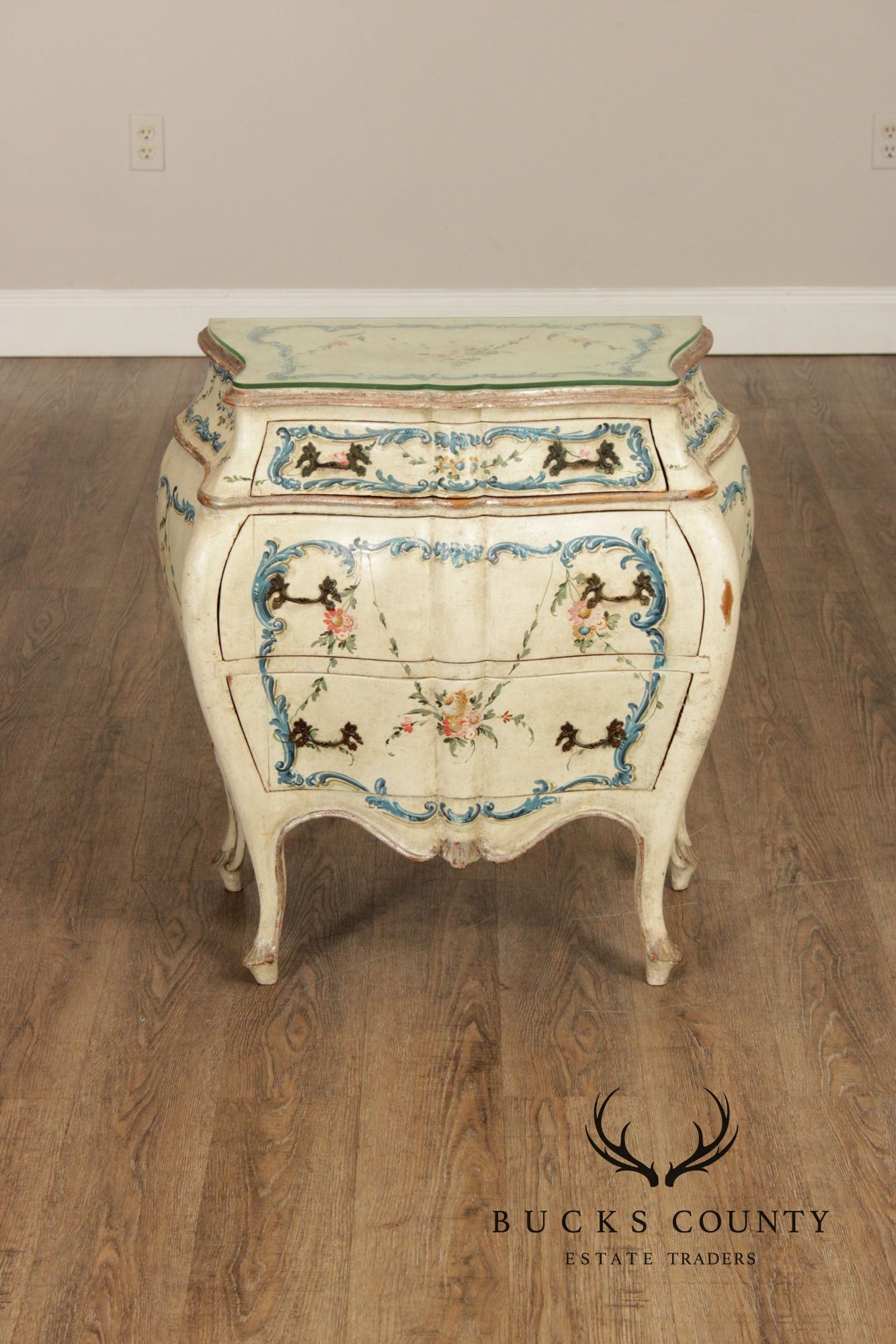 Italian Provincial Style Vintage Hand Painted Bombe Nightstand Chest