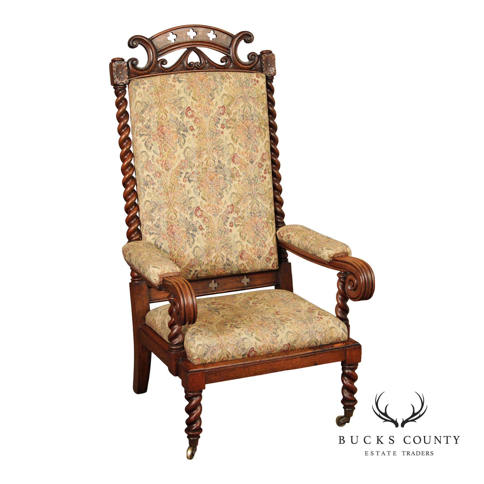 Antique Gothic Revival Barley Twist Carved Oak Throne Chair