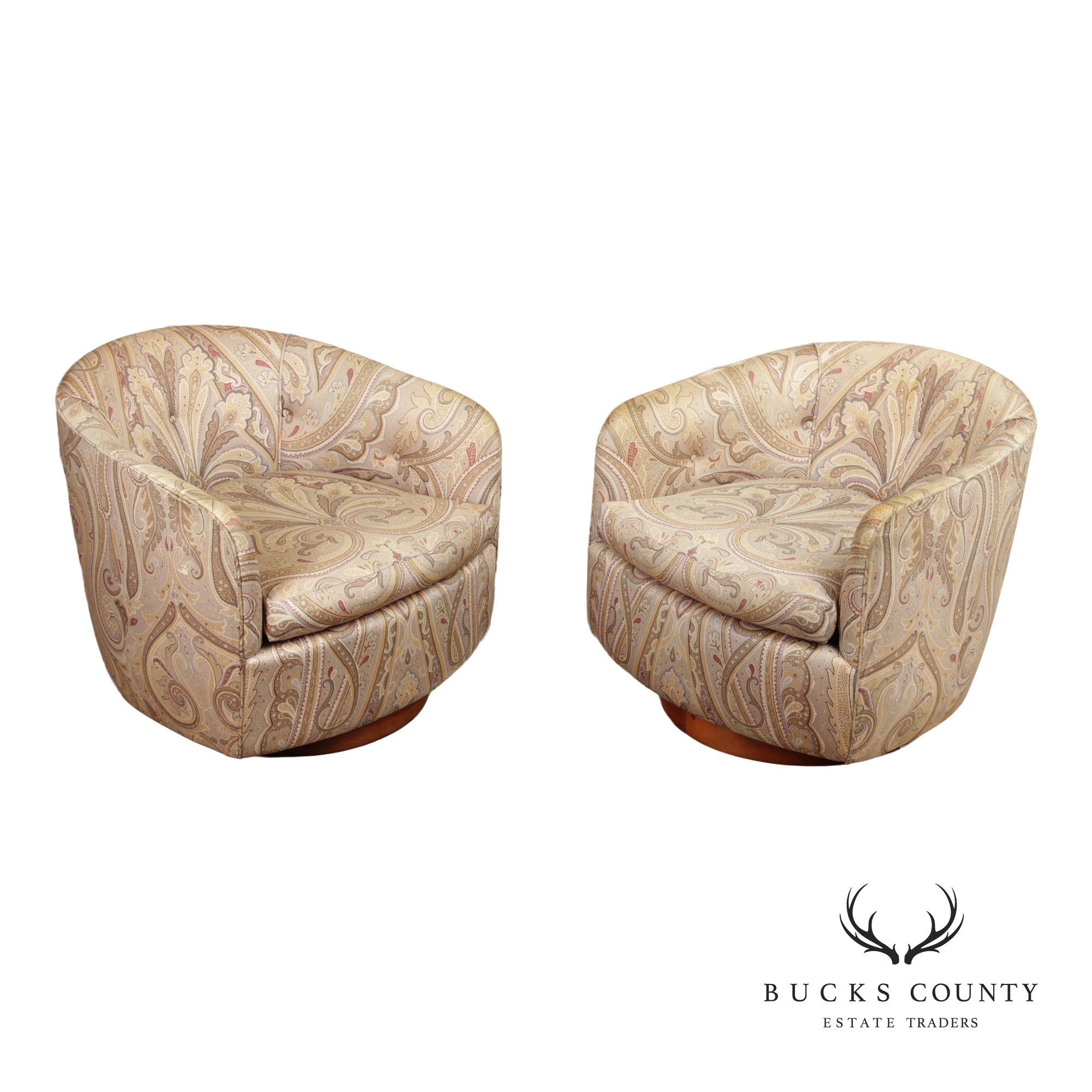 Pair Mid-Century Modern Swivel Barrel Back Lounge Chairs