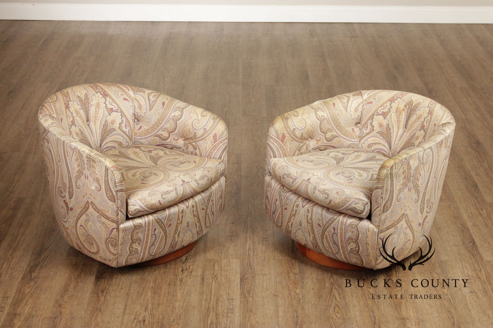 Pair Mid-Century Modern Swivel Barrel Back Lounge Chairs