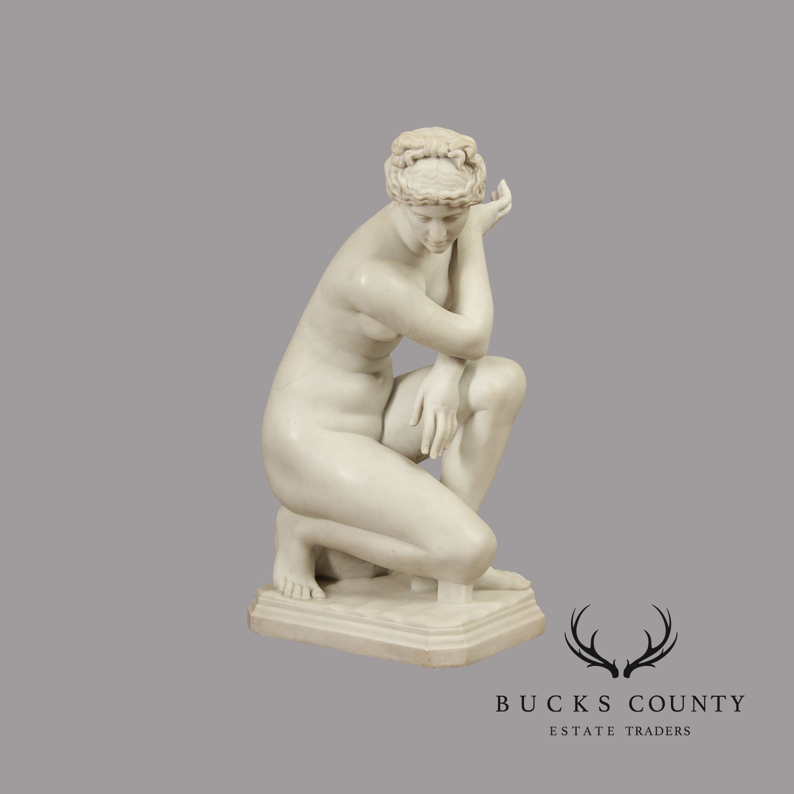 Neoclassical Style Large Antique Carved Marble Sculpture Of Kneeling Venus
