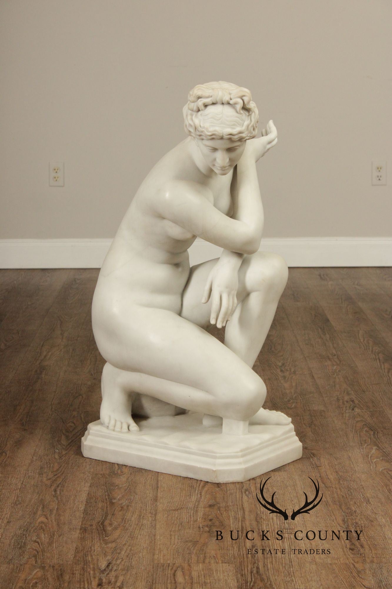 Neoclassical Style Large Antique Carved Marble Sculpture Of Kneeling Venus