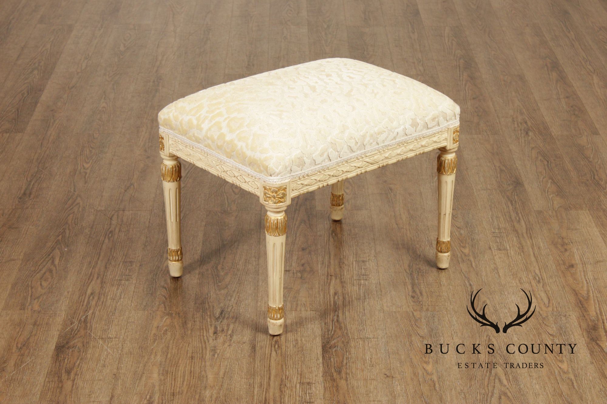 French Louis XVI Style Vintage Pair Painted Stools With Upholstered Seats