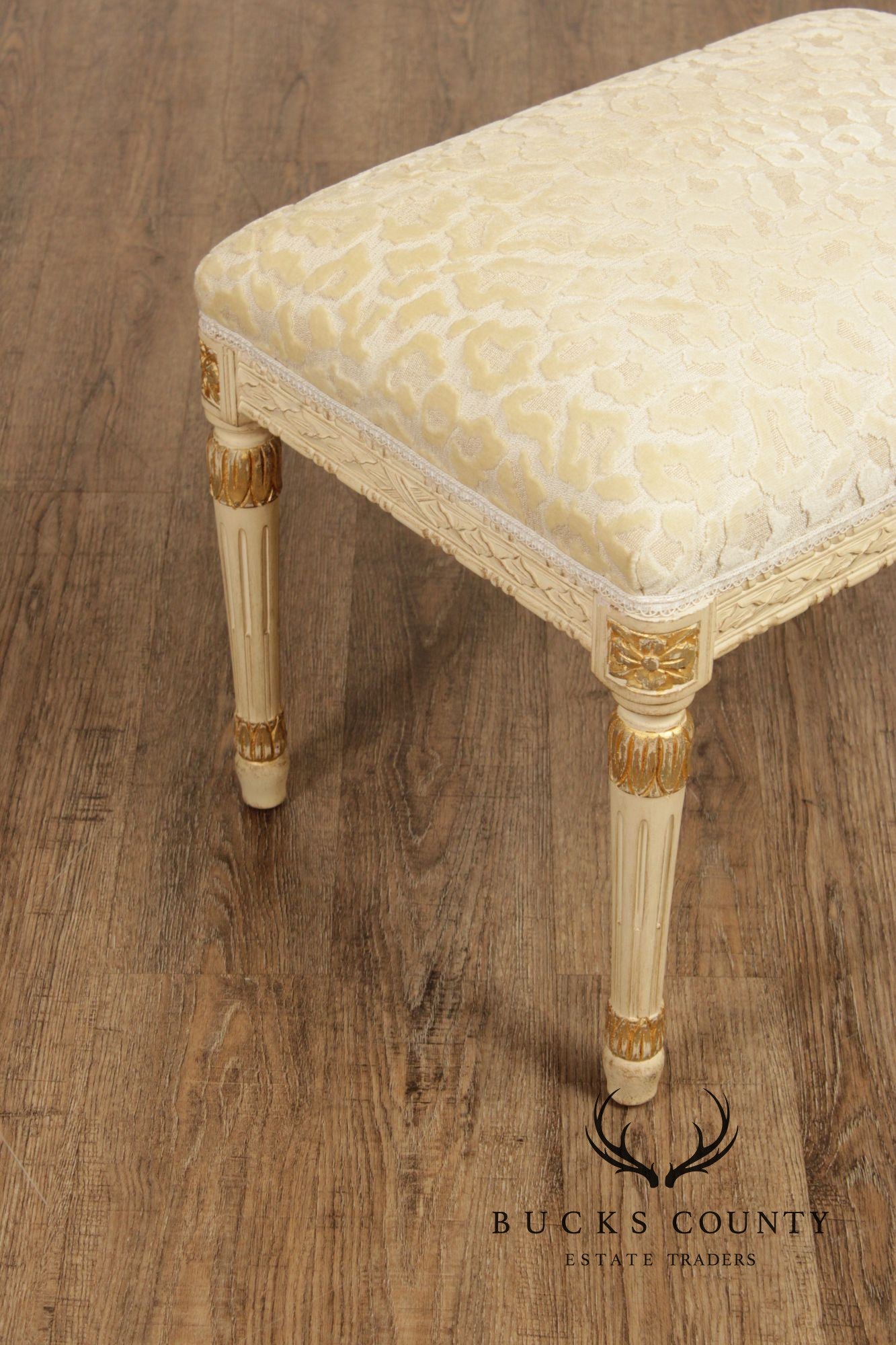 French Louis XVI Style Vintage Pair Painted Stools With Upholstered Seats