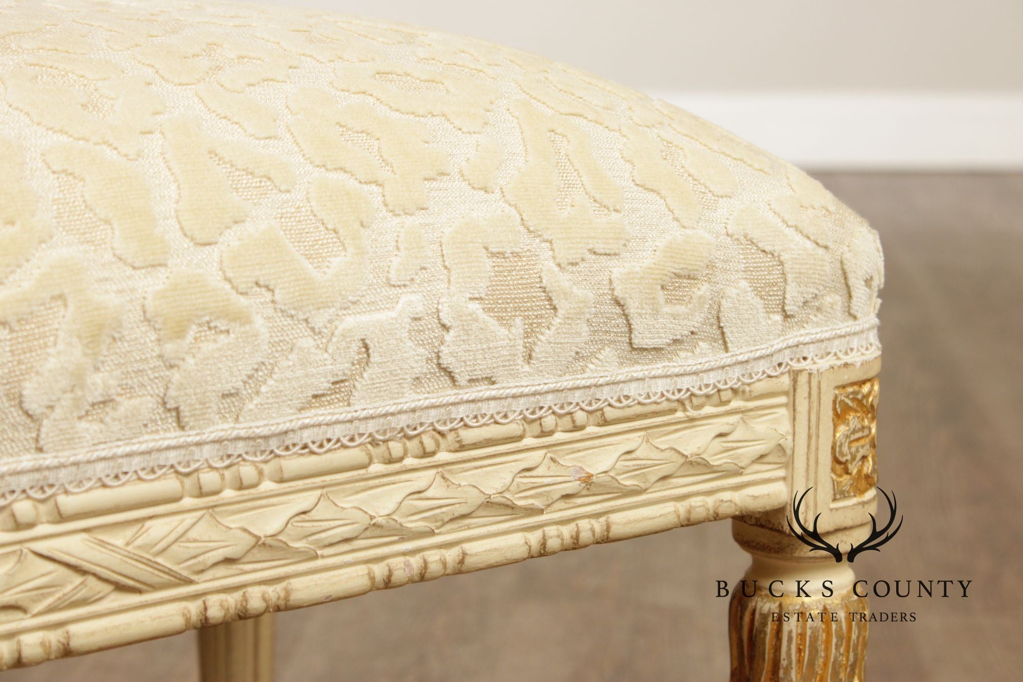 French Louis XVI Style Vintage Pair Painted Stools With Upholstered Seats