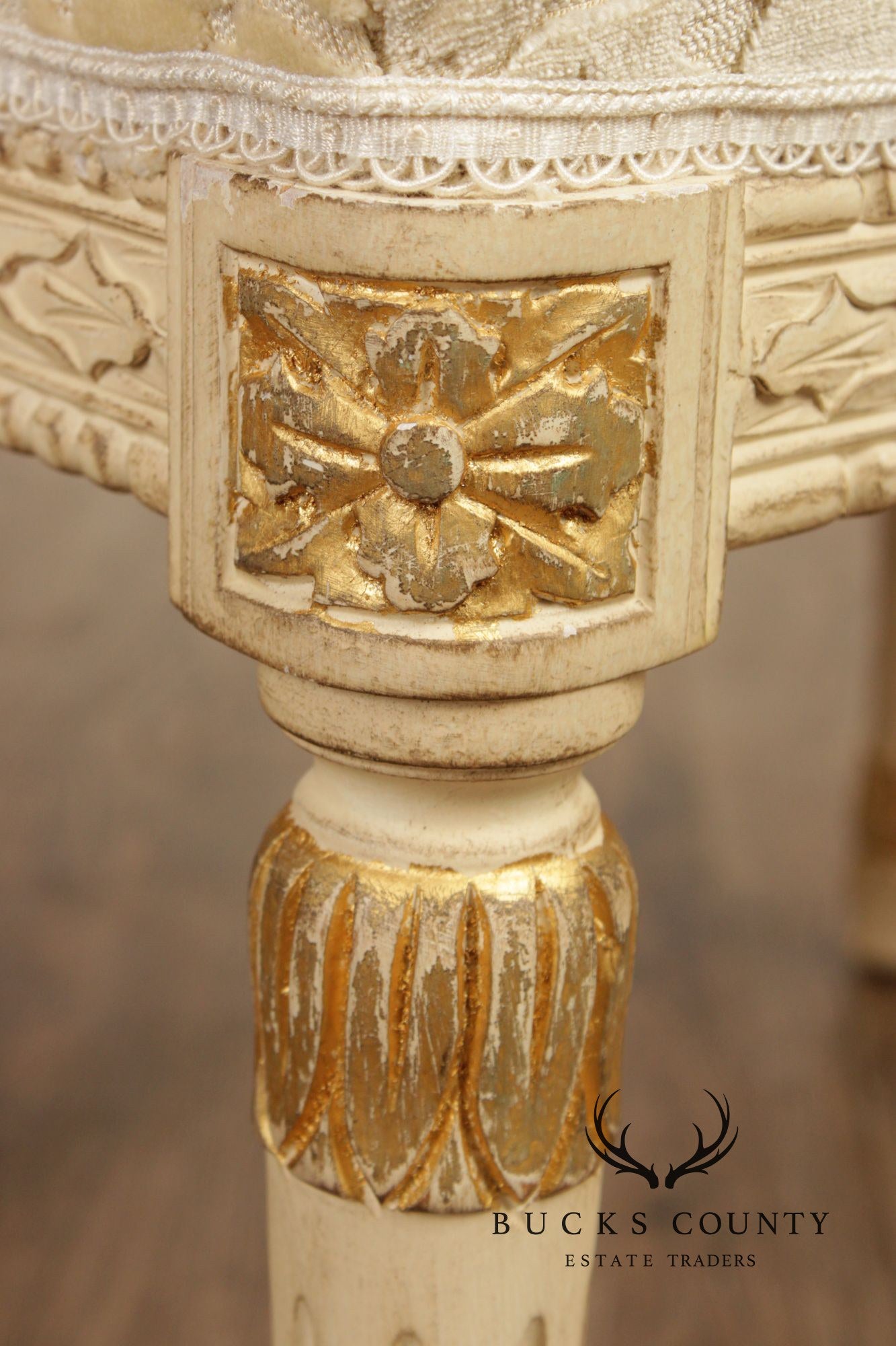 French Louis XVI Style Vintage Pair Painted Stools With Upholstered Seats