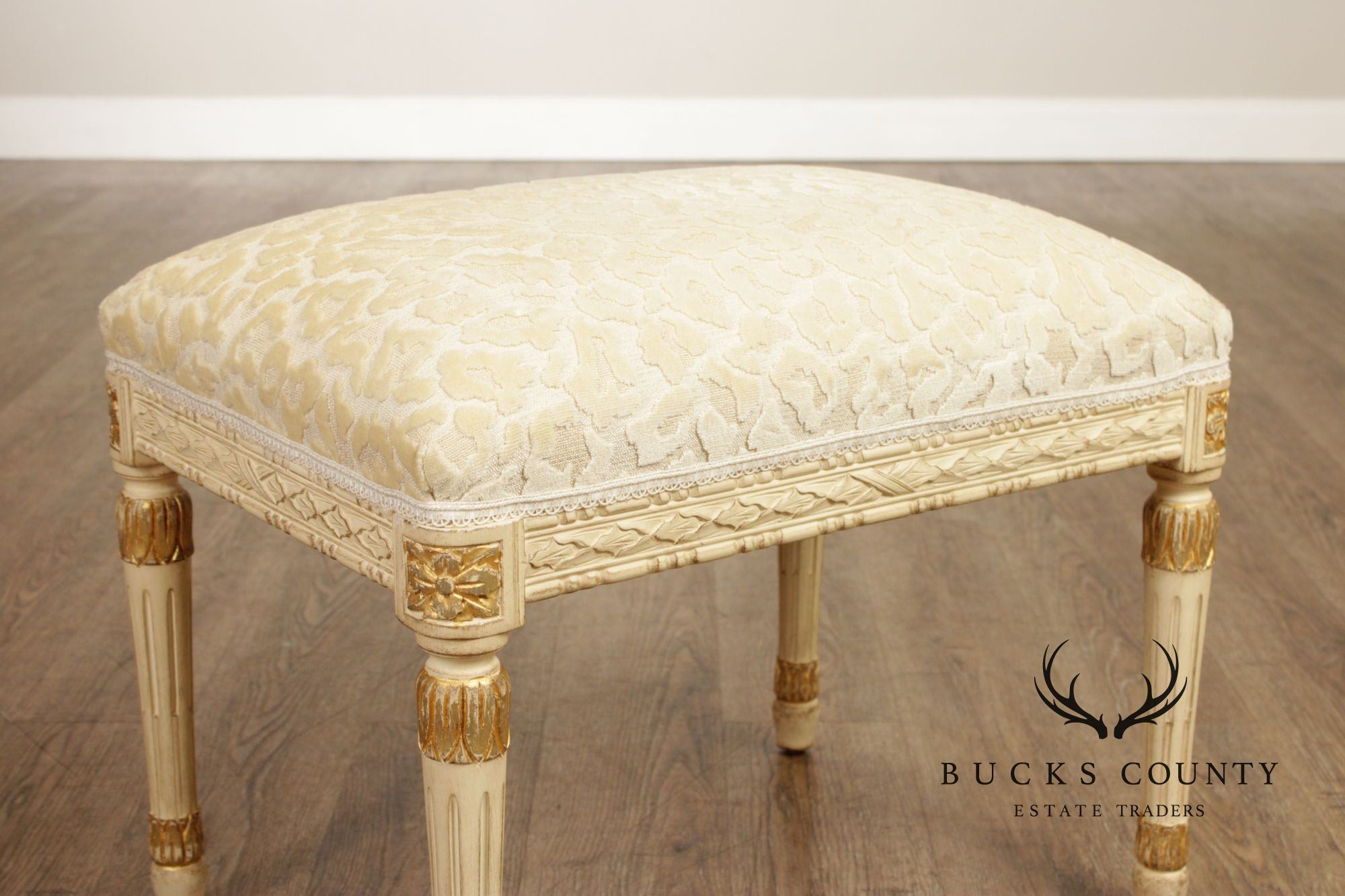 French Louis XVI Style Vintage Pair Painted Stools With Upholstered Seats