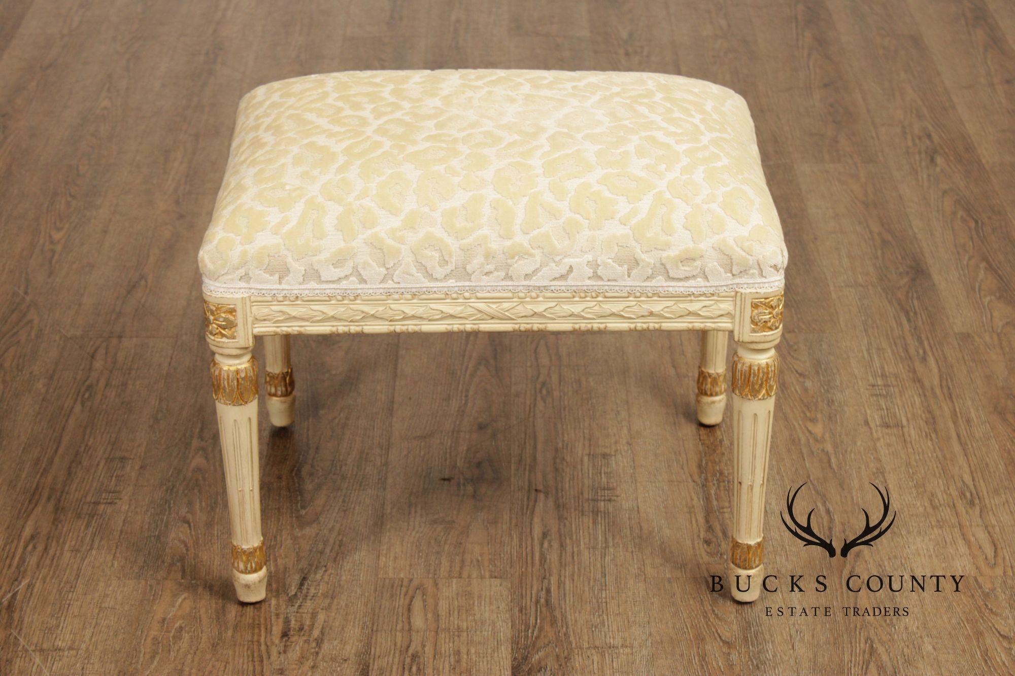 French Louis XVI Style Vintage Pair Painted Stools With Upholstered Seats