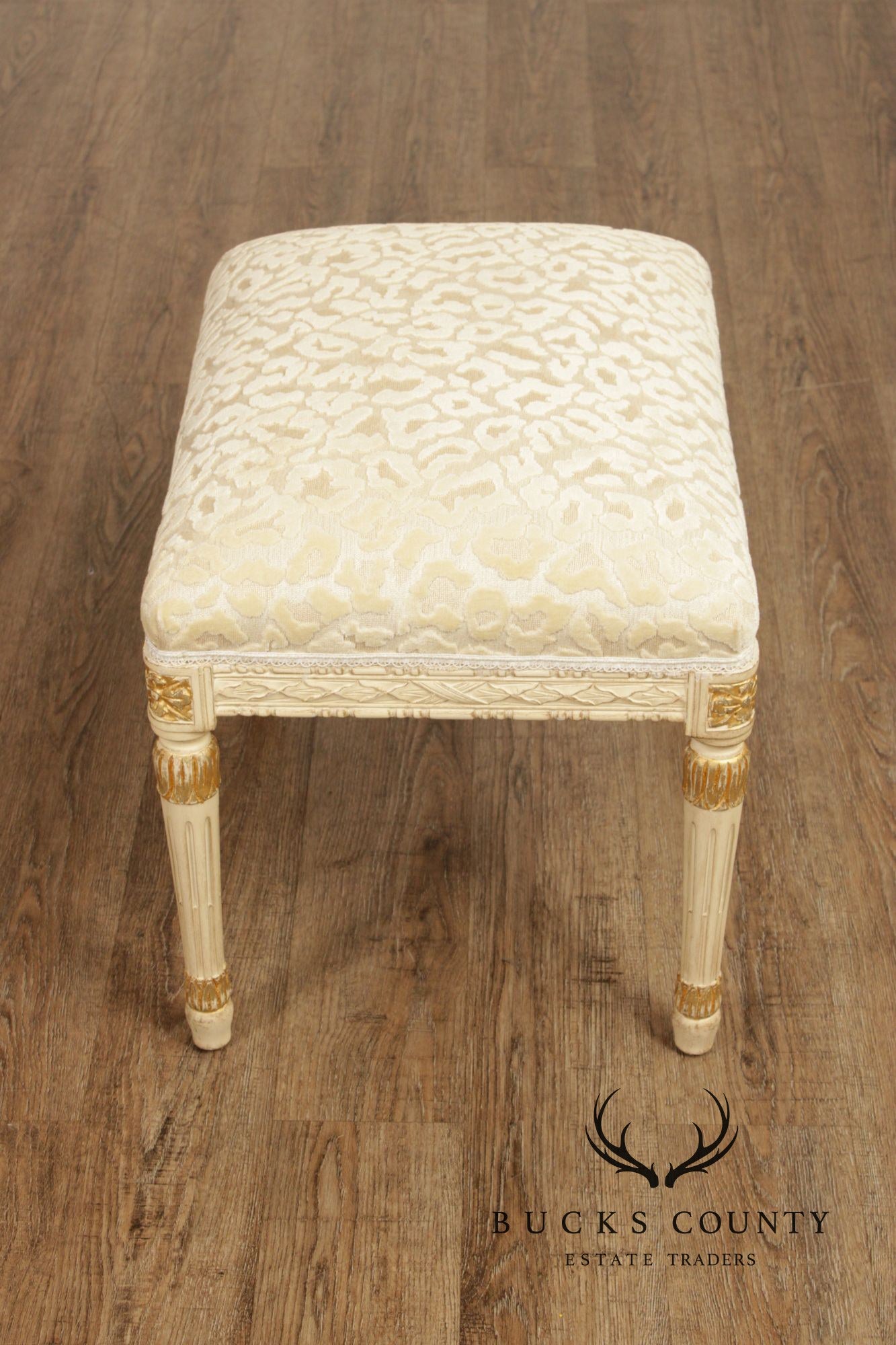 French Louis XVI Style Vintage Pair Painted Stools With Upholstered Seats