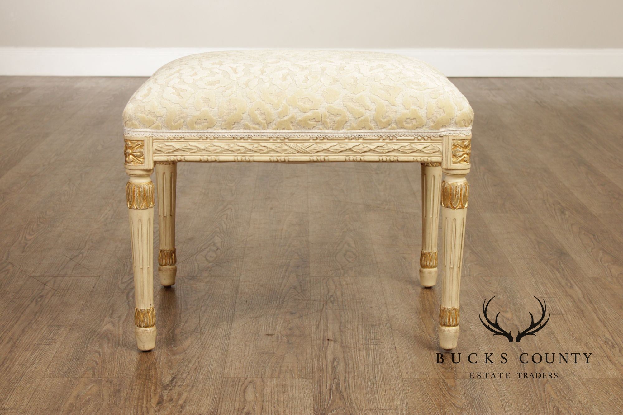 French Louis XVI Style Vintage Pair Painted Stools With Upholstered Seats