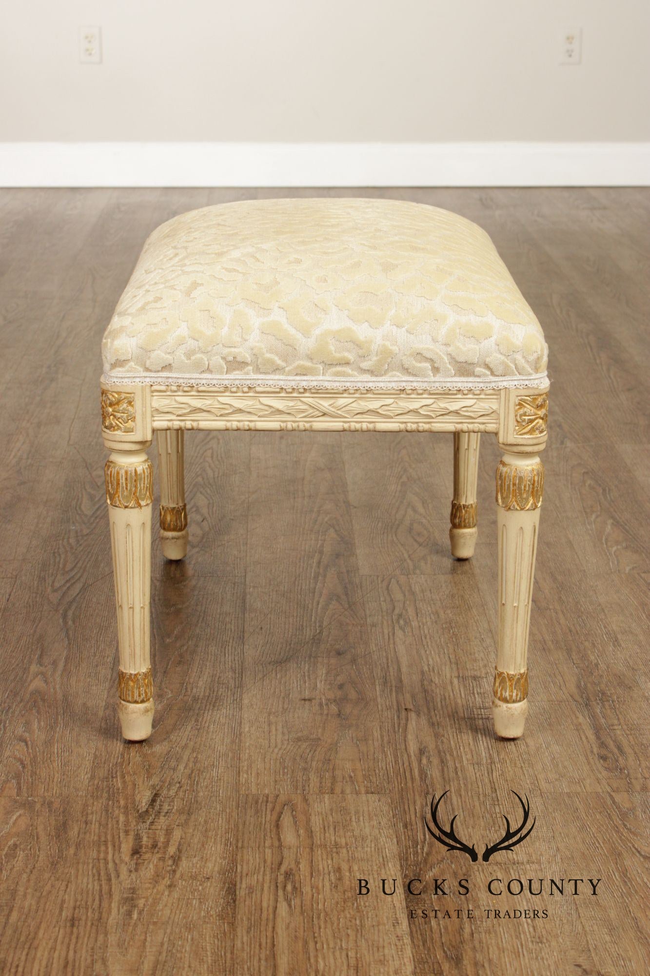 French Louis XVI Style Vintage Pair Painted Stools With Upholstered Seats