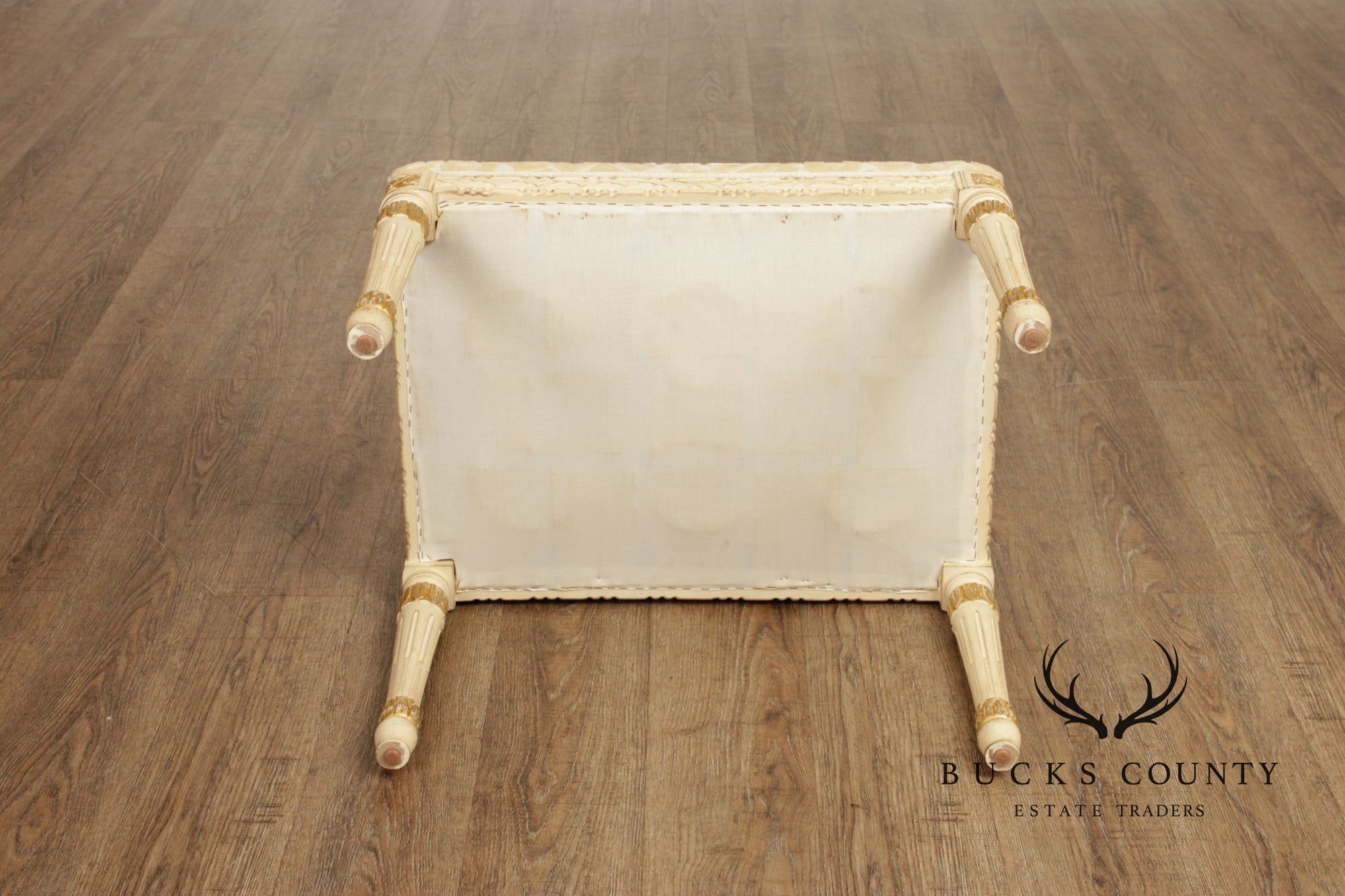 French Louis XVI Style Vintage Pair Painted Stools With Upholstered Seats
