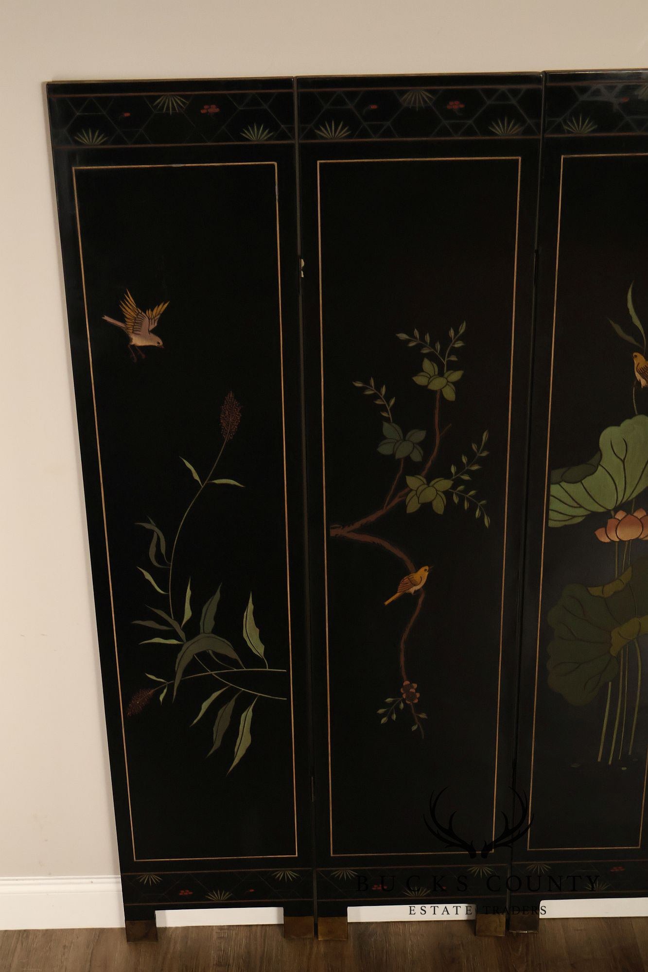 Asian Style Black Vintage Lacquer Six Panel Folding Screen