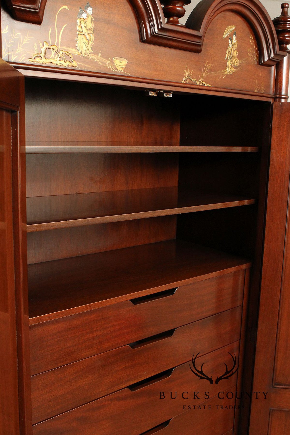 Chinoiserie Style Mahogany Gentleman's Armoire With Faux Bamboo Moldings and Painted Panels