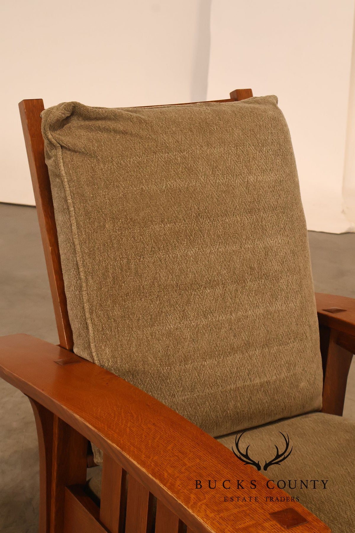 Stickley Mission Collection Oak And Custom Upholstery Bow Arm Morris Chair