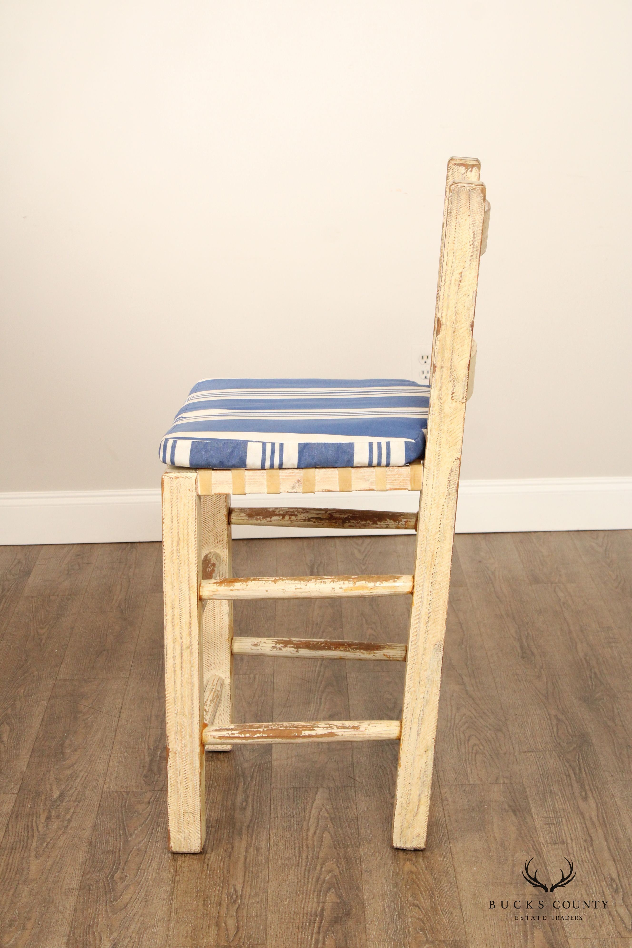 Farmhouse Style Set of Three Distress Painted Bar Stools