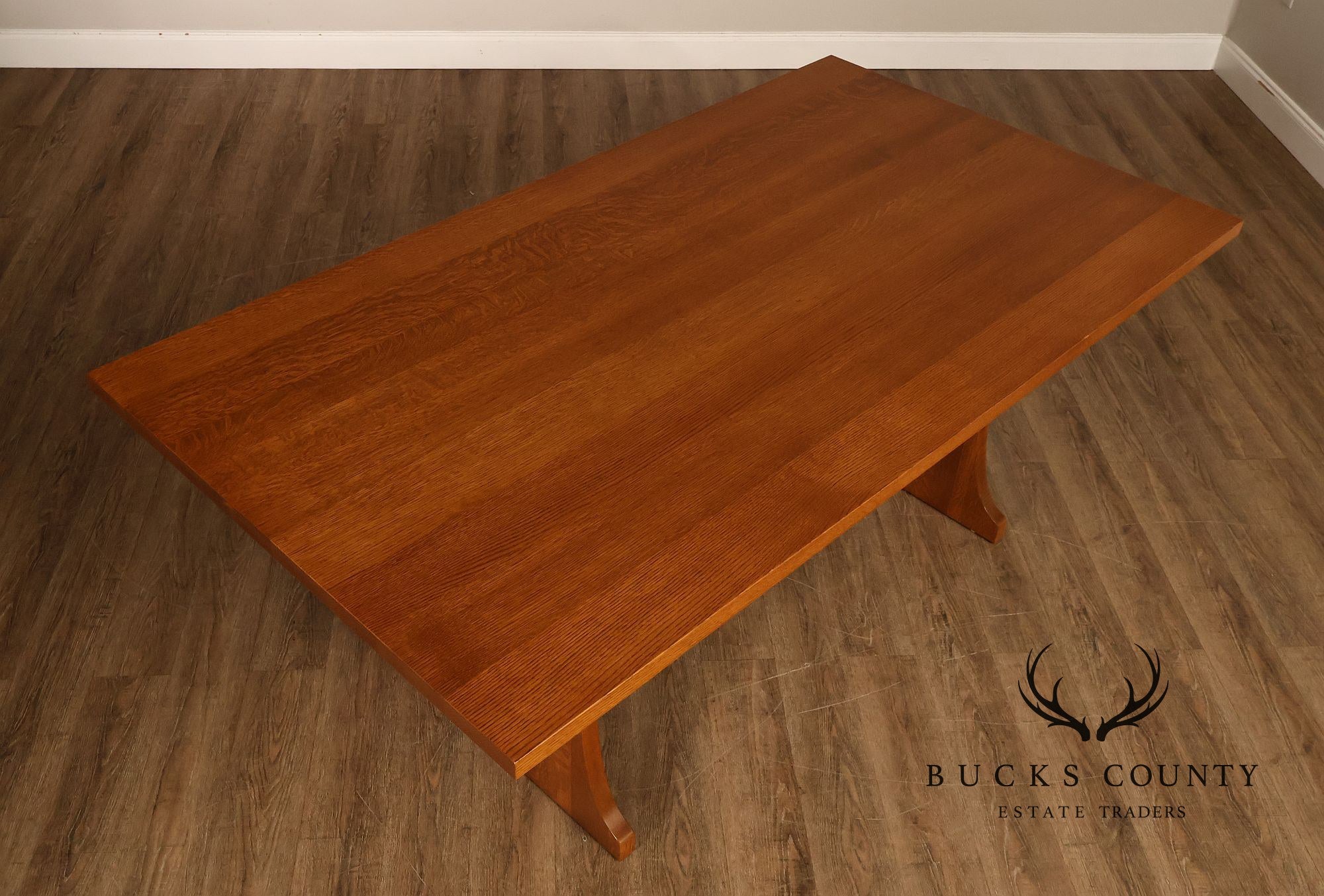 Stickley Mission Collection Oak Trestle Dining Table With Two Leaves