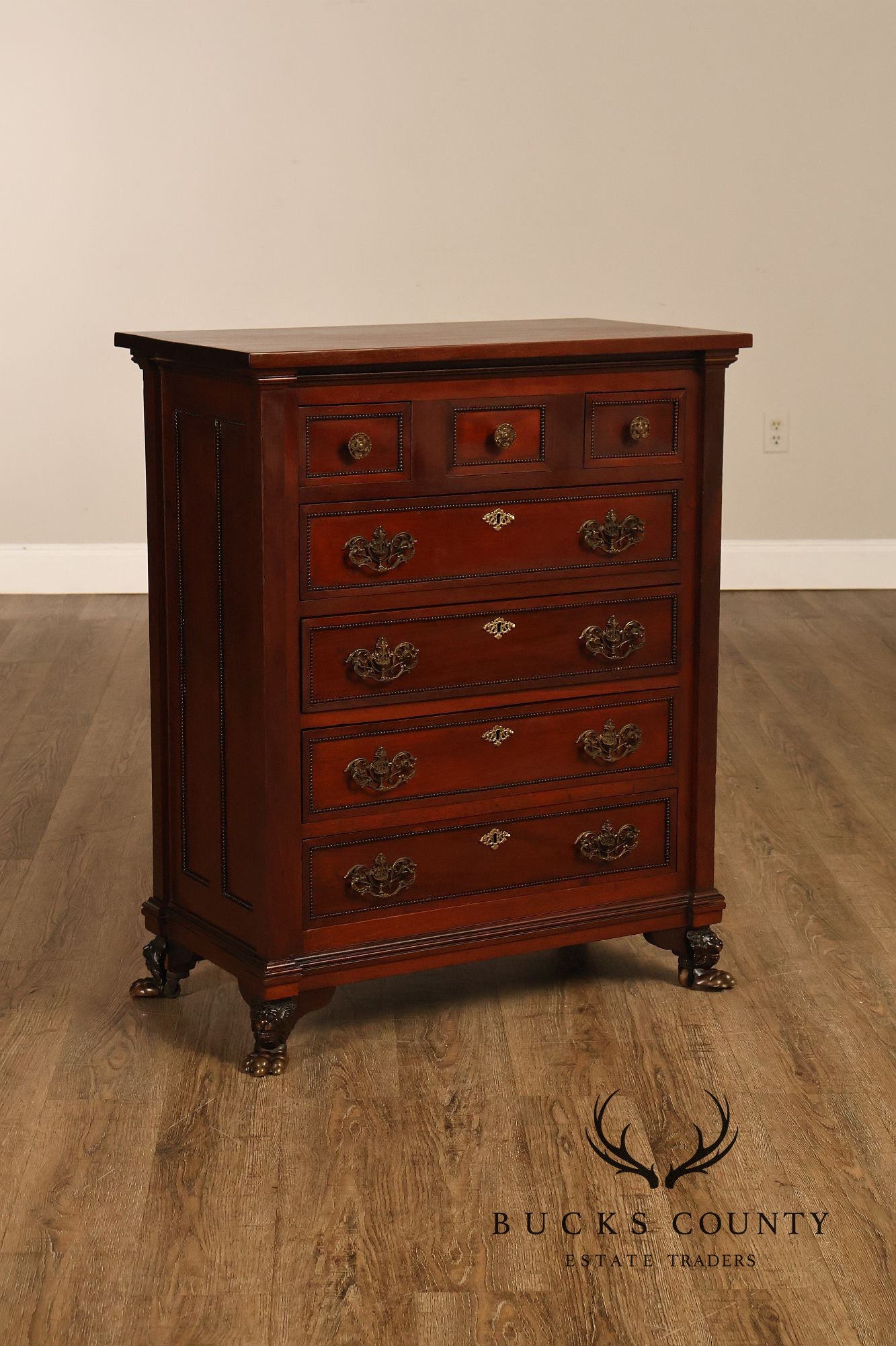 Antique Victorian Mahogany Chest Of Drawers With Brass Lion Paw Feet