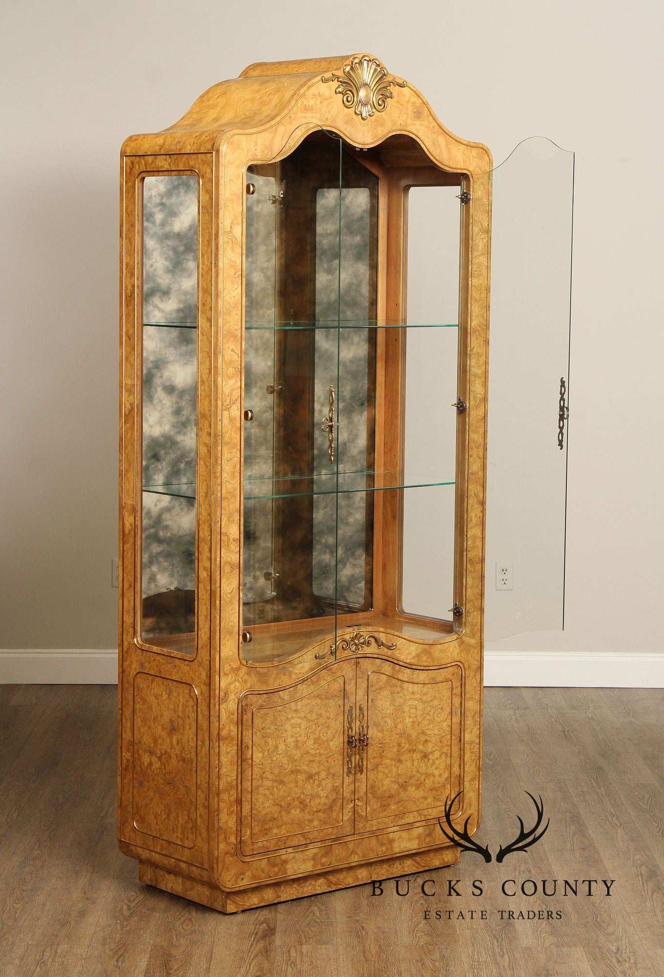 Mastercraft French Style Pair Of Burl Wood Display Cabinets