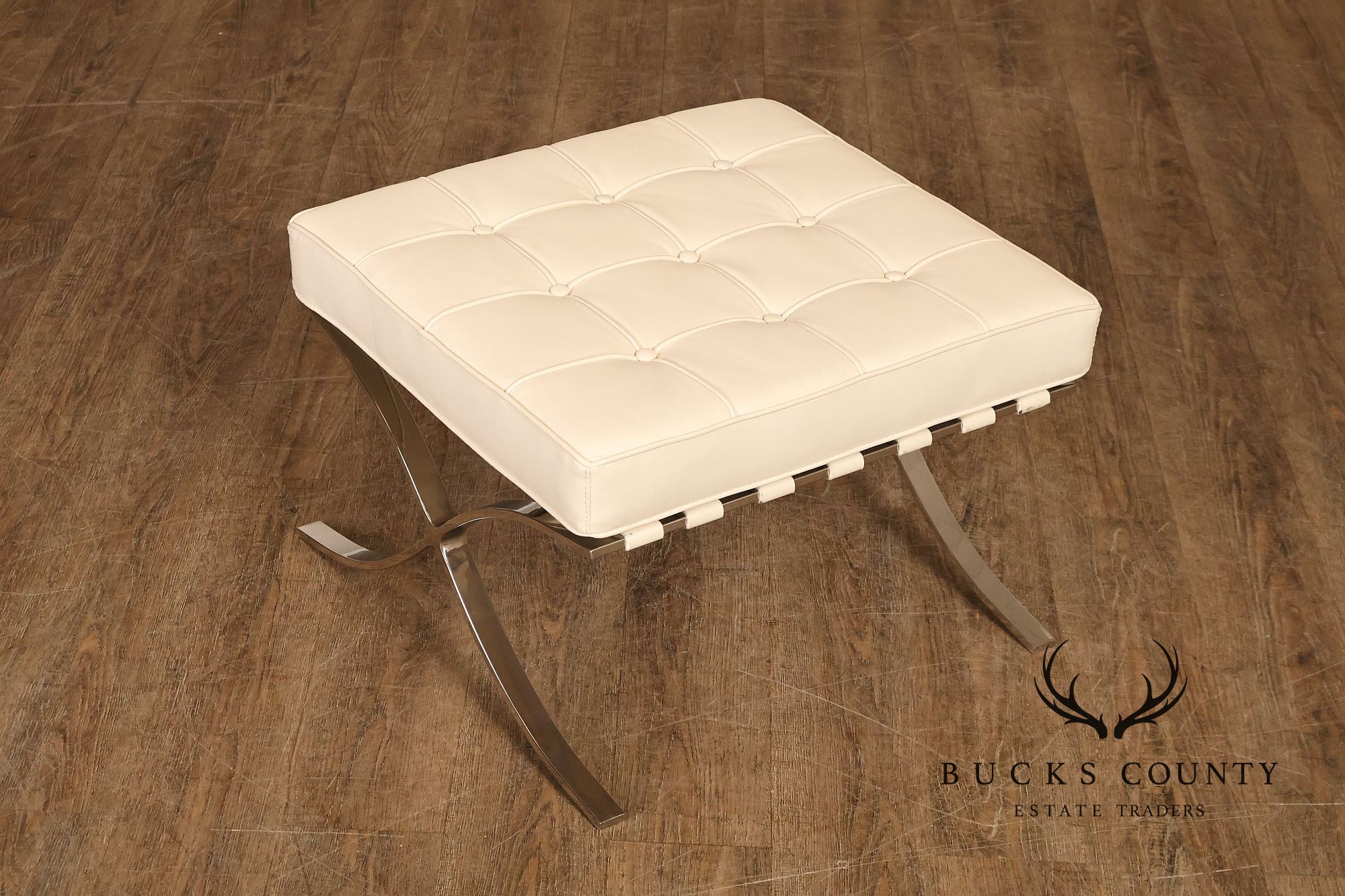 White Barcelona Style Pair Of Leather Stools With Chrome Bases