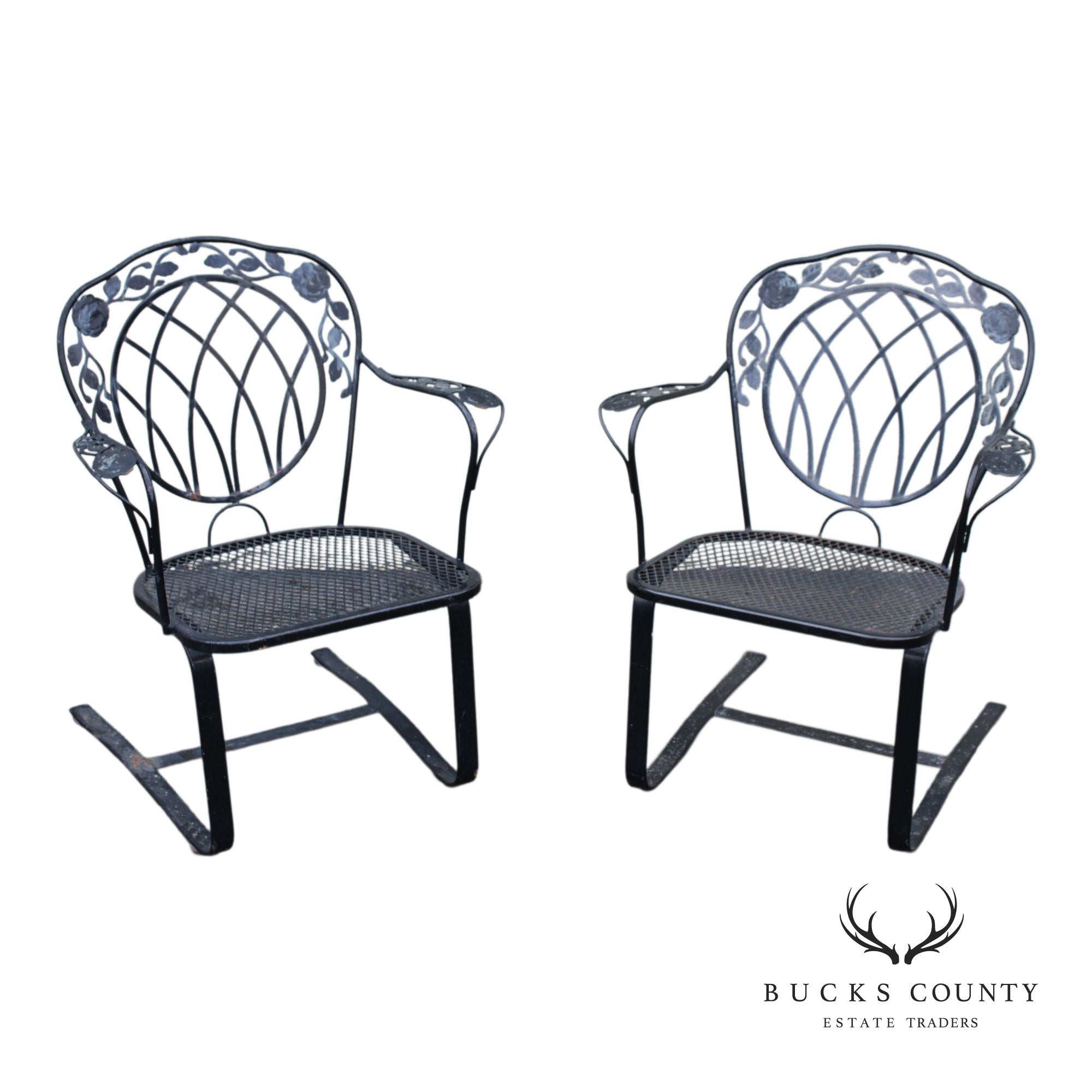 Vintage Pair of Outdoor Patio Wrought Iron Spring Armchairs