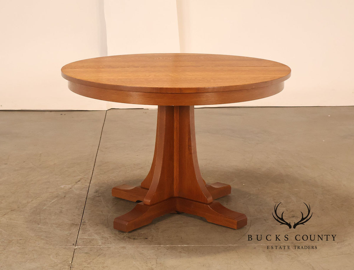 Stickley Mission Collection Round Oak Pedestal Dining Table With Two Leaves