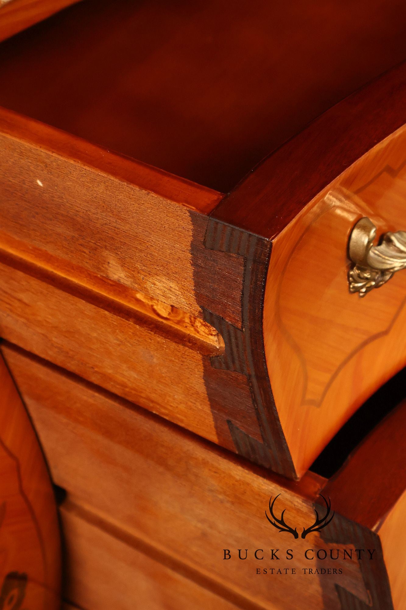 Italian Louis XV Style Marquetry Inlaid Marble Top Bombe Chest Commode