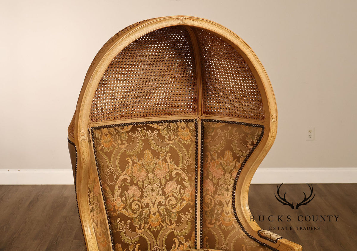 Old Hickory Tannery French Louis XV Style Pair Of Cane And Leather Hooded Porter Chairs