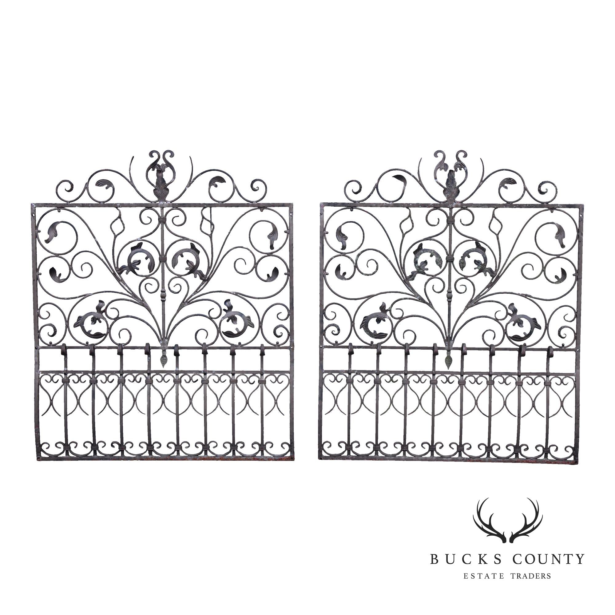 Vintage Pair Of Ornate Wrought Iron Garden Gates With Scroll And Leaf Motifs