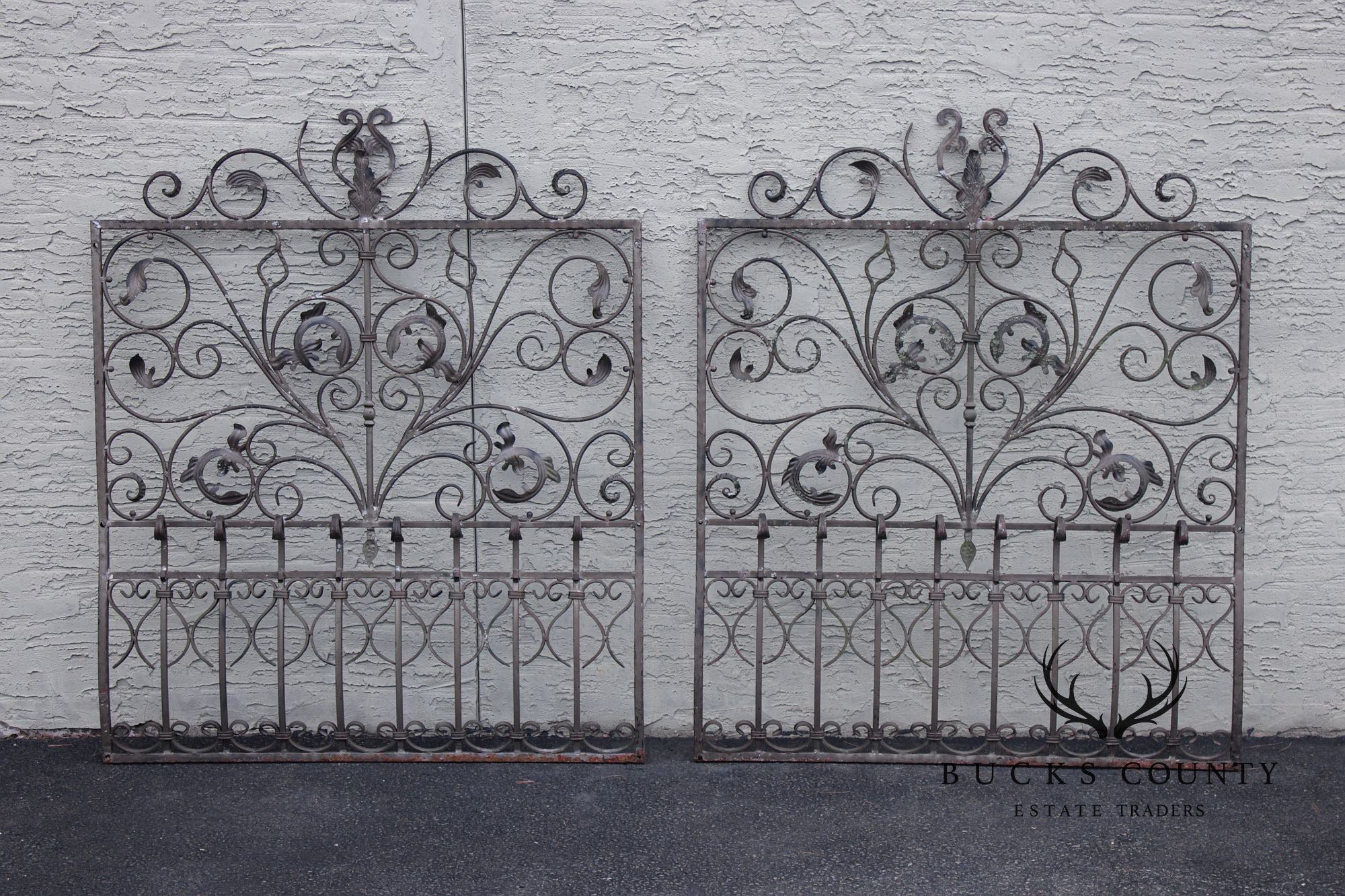 Vintage Pair Of Ornate Wrought Iron Garden Gates With Scroll And Leaf Motifs
